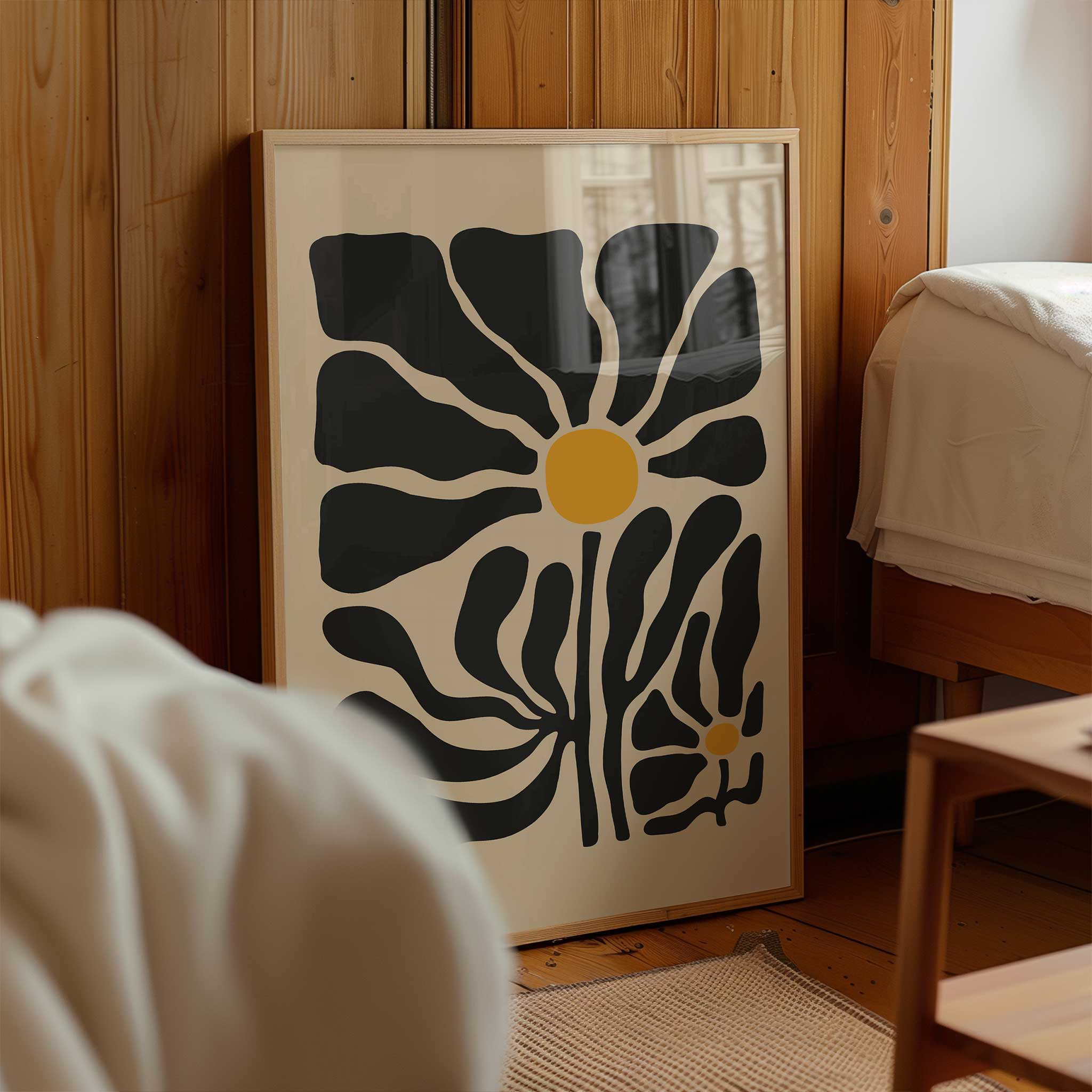 Modern abstract art of two daisy-like blooms with bold petals and golden centers, titled 'Twin Bloom'.