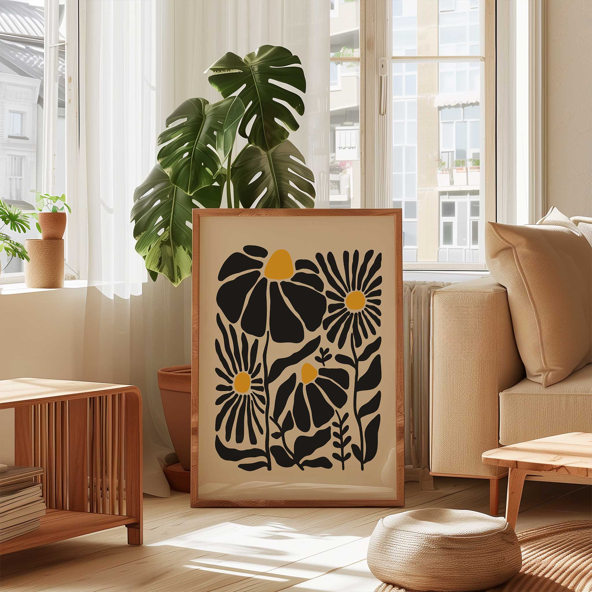 A whimsical and cheerful print of wildflowers with glowing centers and playful stems, titled 'Sunny Garden'.