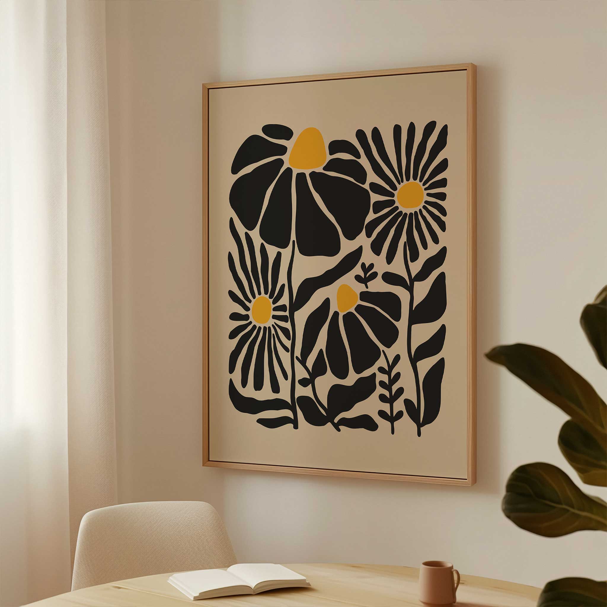A whimsical and cheerful print of wildflowers with glowing centers and playful stems, titled 'Sunny Garden'.