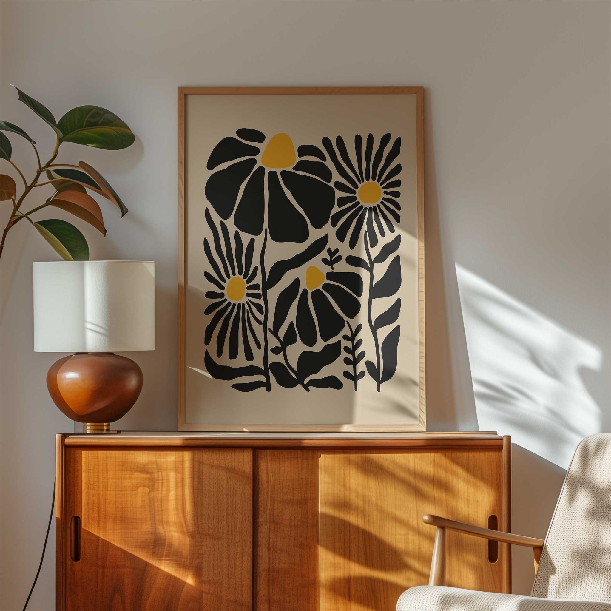 A whimsical and cheerful print of wildflowers with glowing centers and playful stems, titled 'Sunny Garden'.