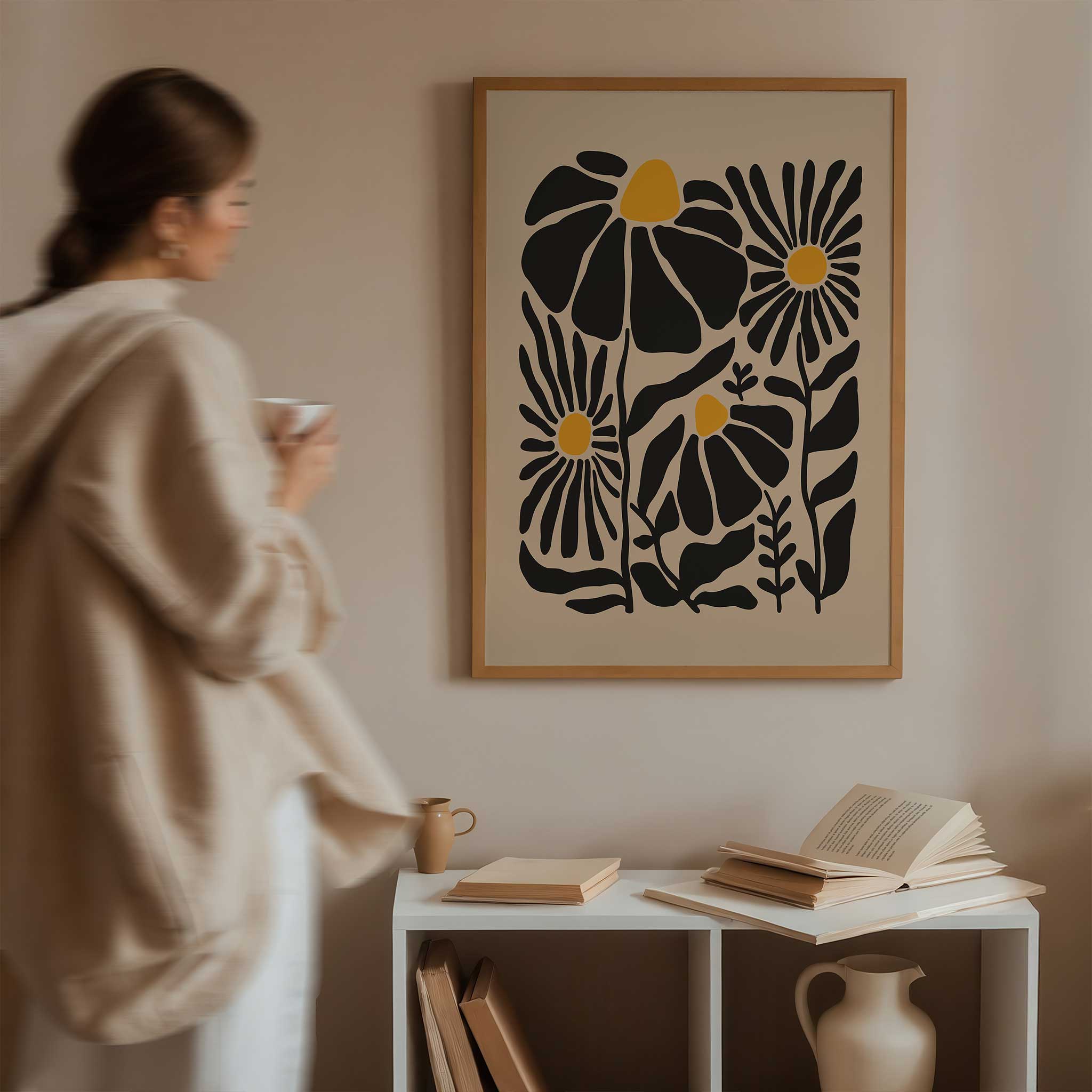 A whimsical and cheerful print of wildflowers with glowing centers and playful stems, titled 'Sunny Garden'.