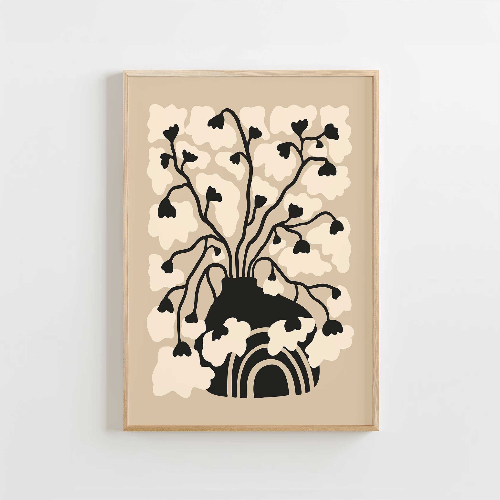 A minimalist art print of soft floral blossoms rising from a bold arched vase, titled 'Arch Bloom'.