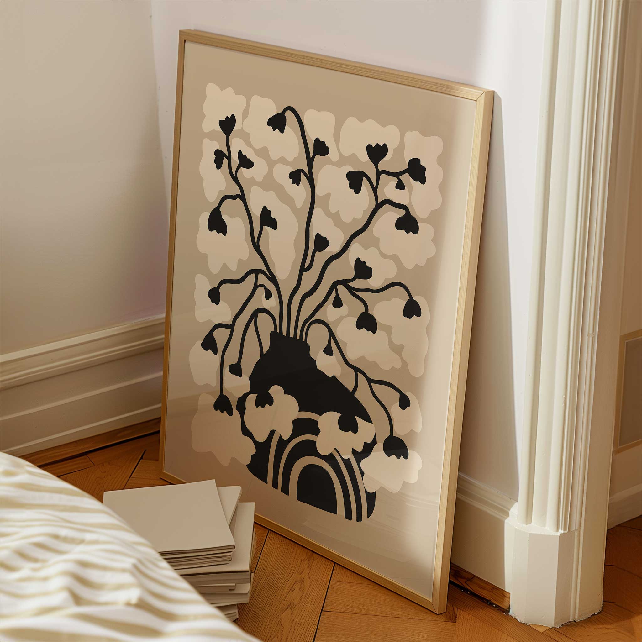 A minimalist art print of soft floral blossoms rising from a bold arched vase, titled 'Arch Bloom'.