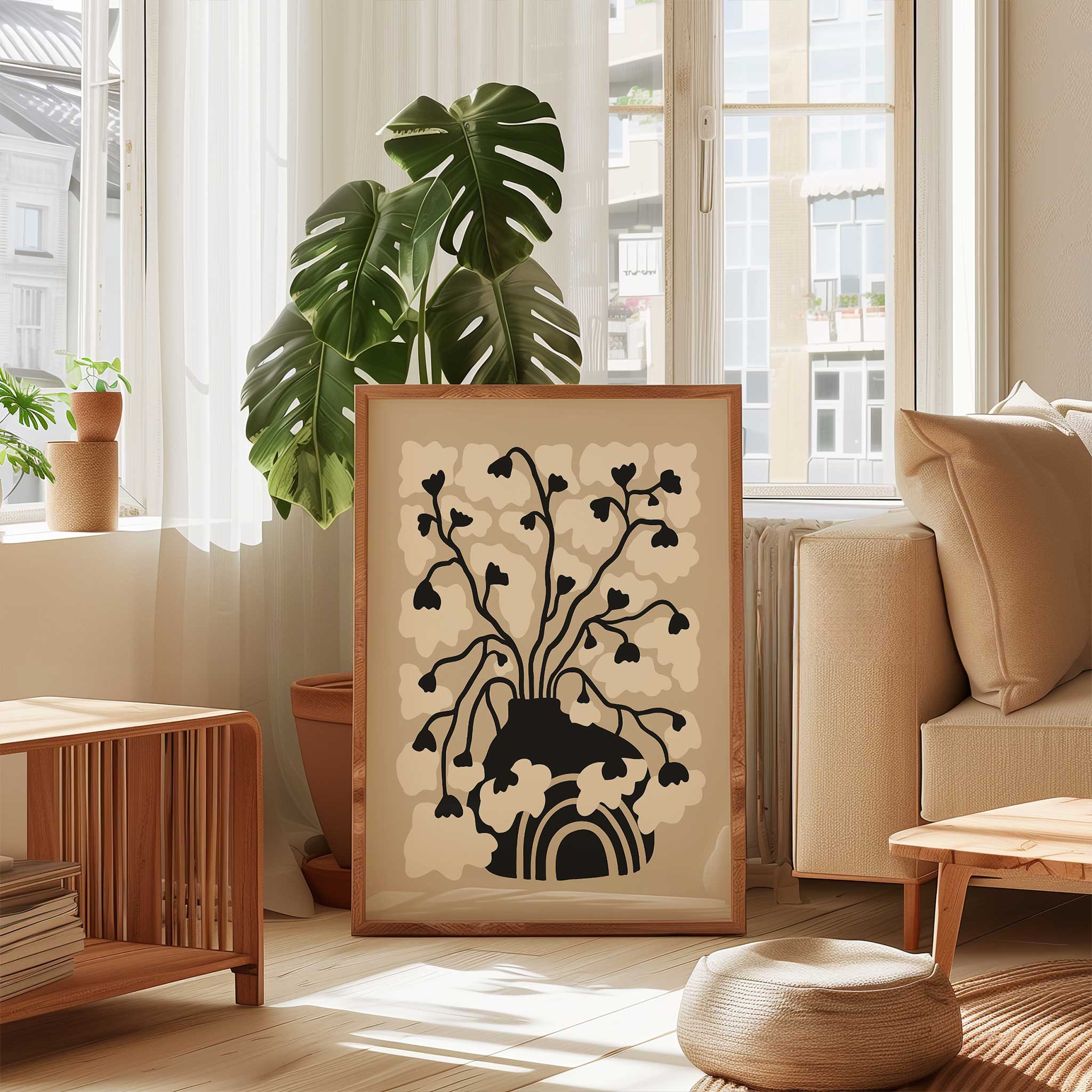 A minimalist art print of soft floral blossoms rising from a bold arched vase, titled 'Arch Bloom'.