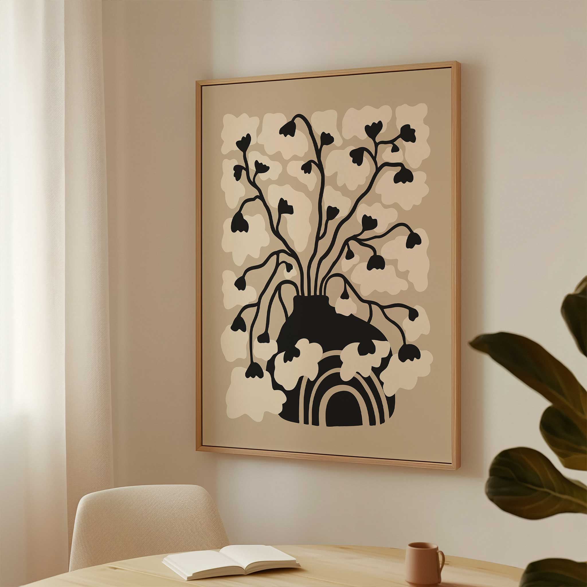 A minimalist art print of soft floral blossoms rising from a bold arched vase, titled 'Arch Bloom'.