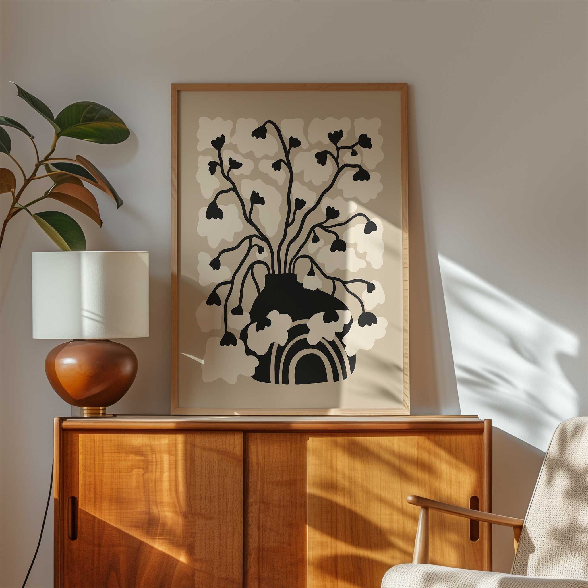 A minimalist art print of soft floral blossoms rising from a bold arched vase, titled 'Arch Bloom'.