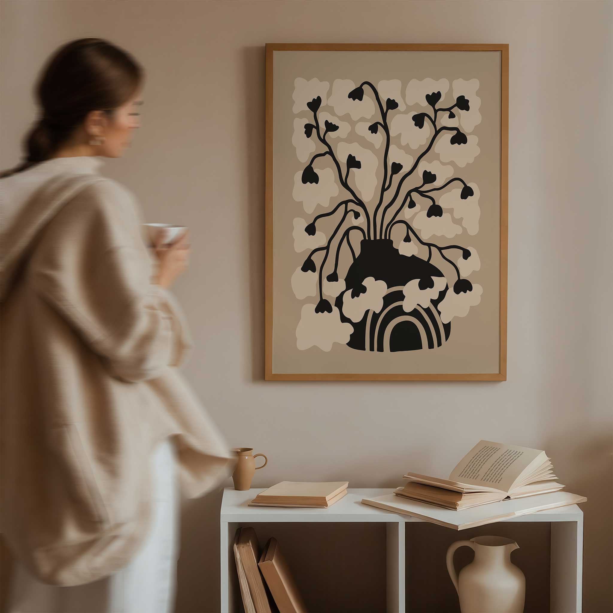 A minimalist art print of soft floral blossoms rising from a bold arched vase, titled 'Arch Bloom'.