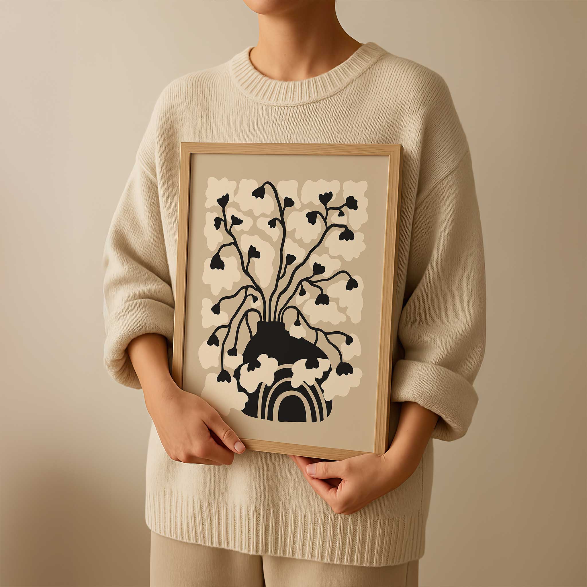 A minimalist art print of soft floral blossoms rising from a bold arched vase, titled 'Arch Bloom'.