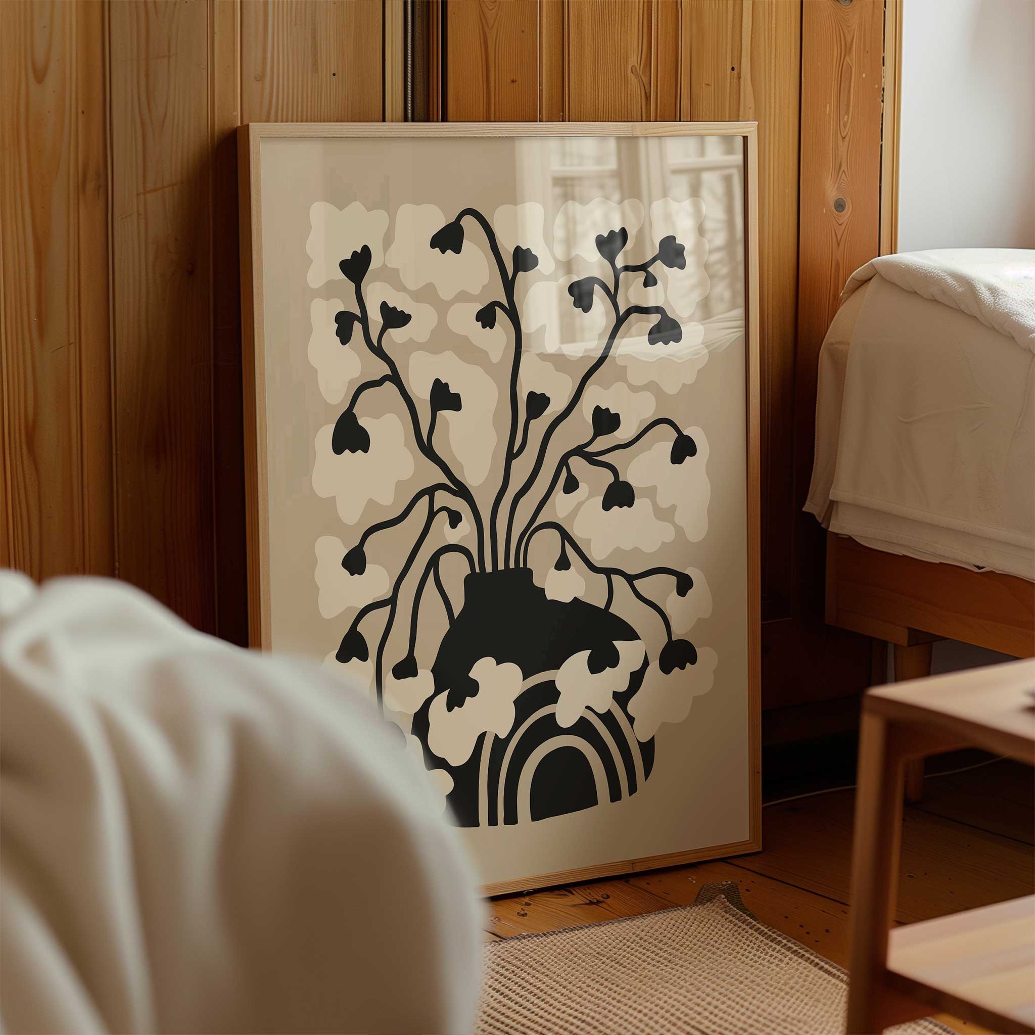 A minimalist art print of soft floral blossoms rising from a bold arched vase, titled 'Arch Bloom'.