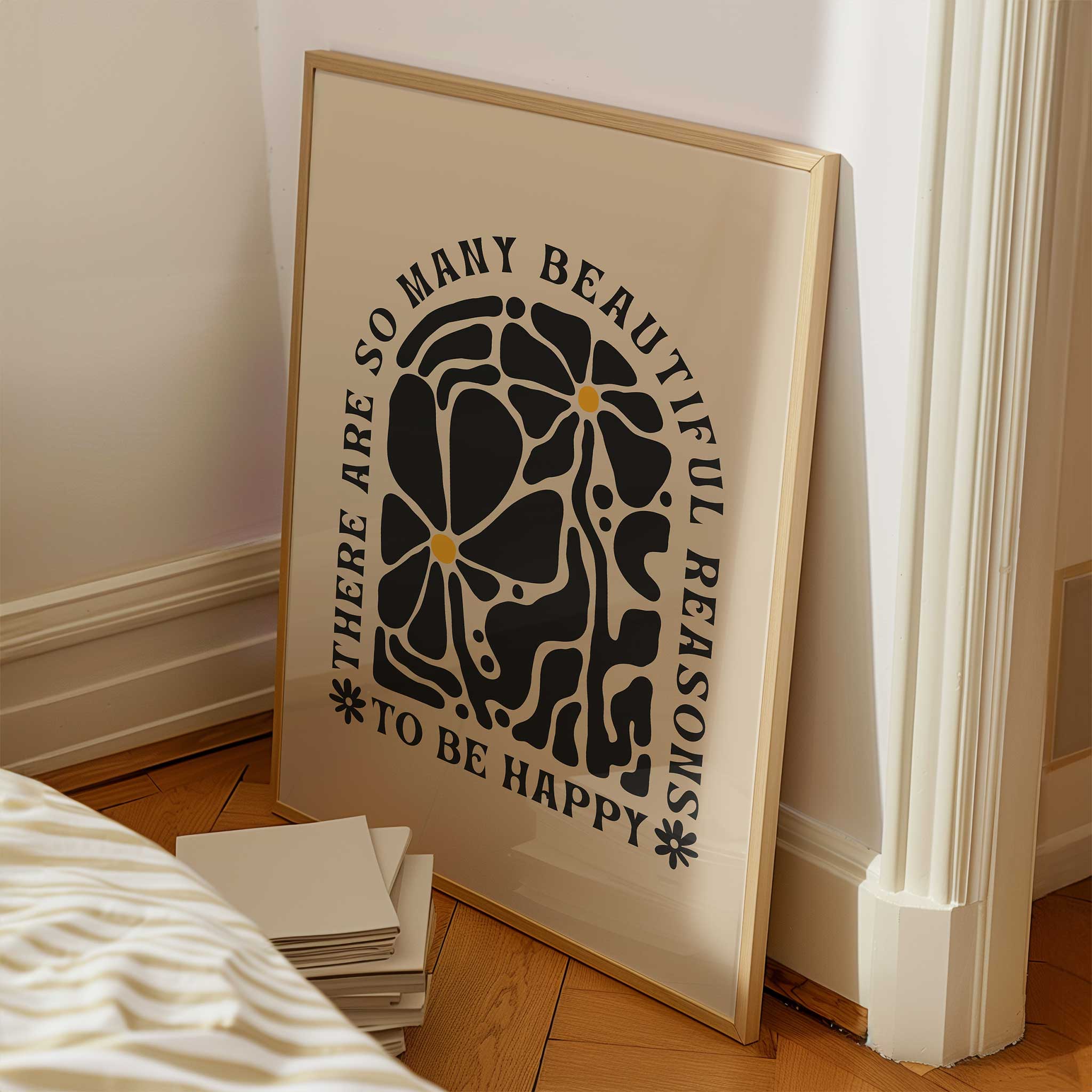 Uplifting floral quote print with retro lettering saying 'So Many Reasons to be Happy'.