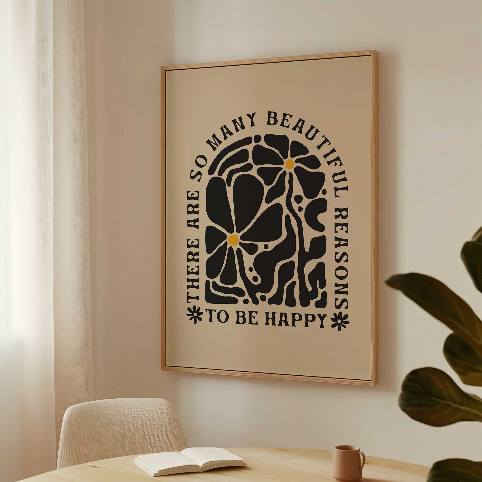 Uplifting floral quote print with retro lettering saying 'So Many Reasons to be Happy'.