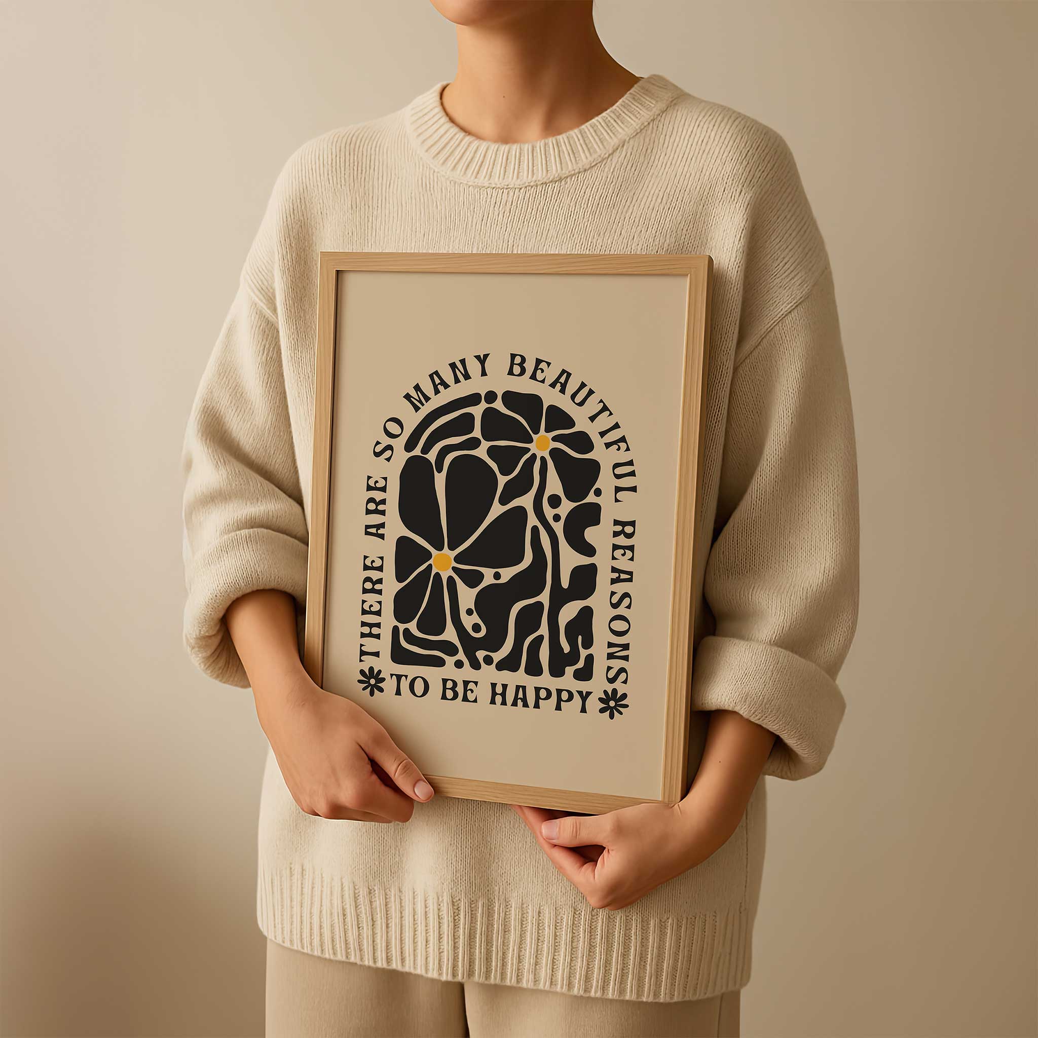 Uplifting floral quote print with retro lettering saying 'So Many Reasons to be Happy'.