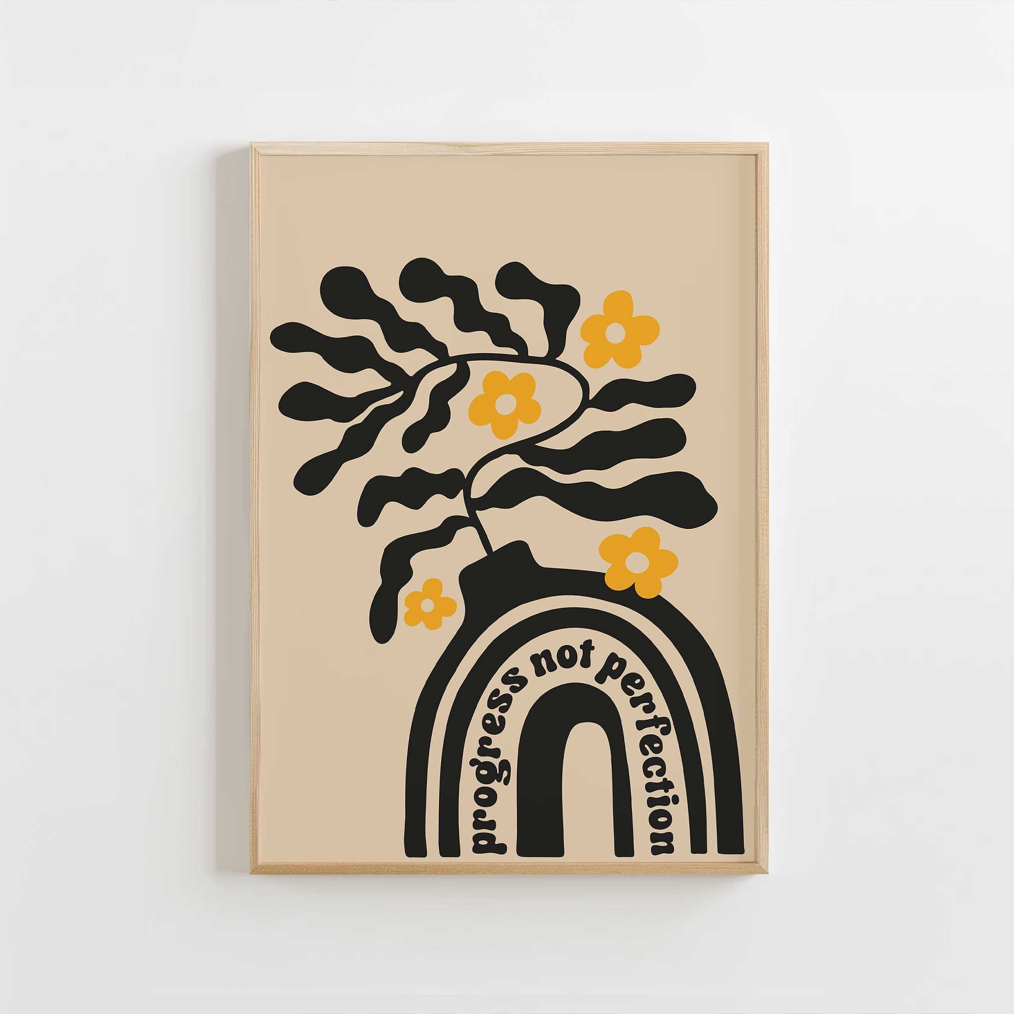Motivational art print with a retro vase and florals, and the quote 'Progress Not Perfection'.