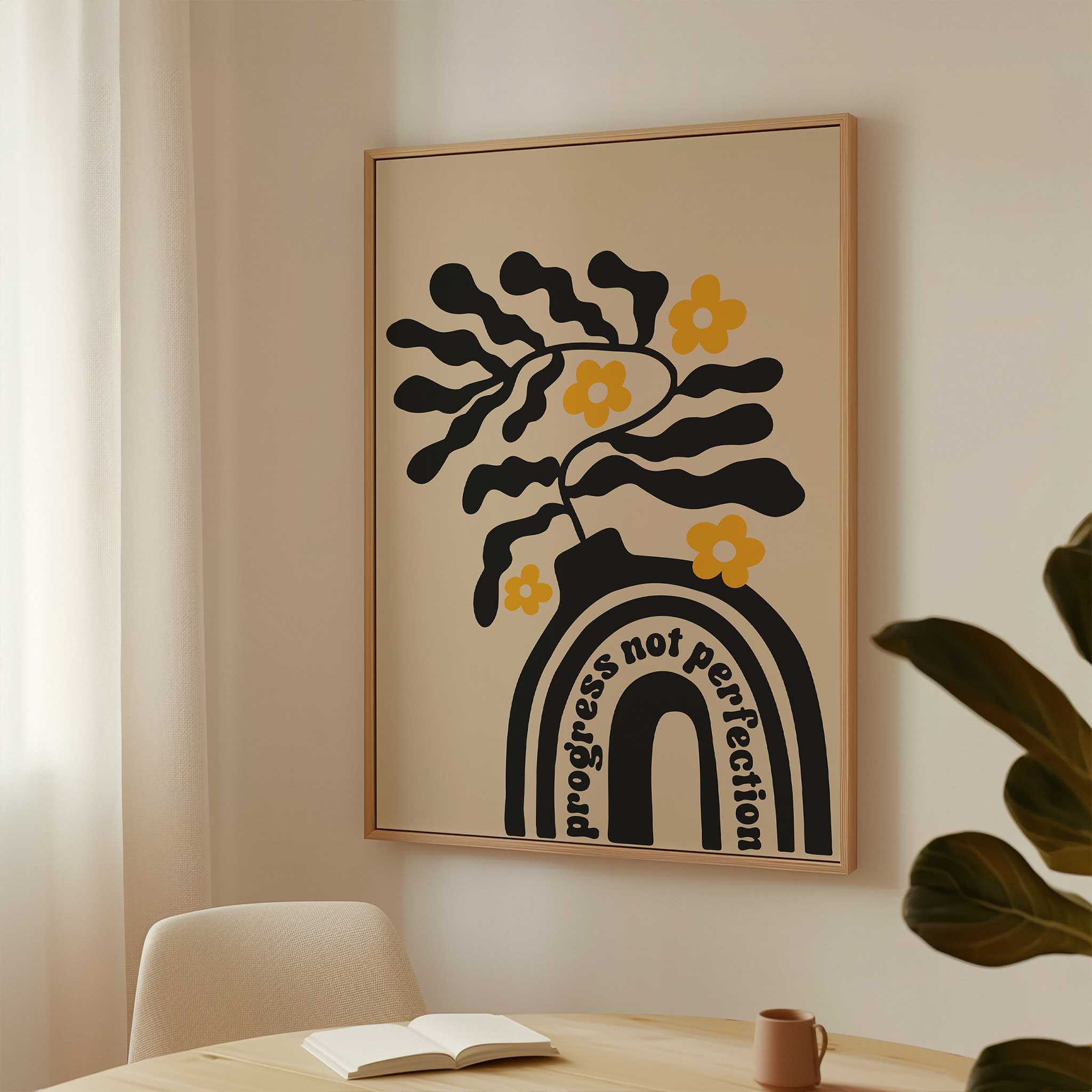 Motivational art print with a retro vase and florals, and the quote 'Progress Not Perfection'.