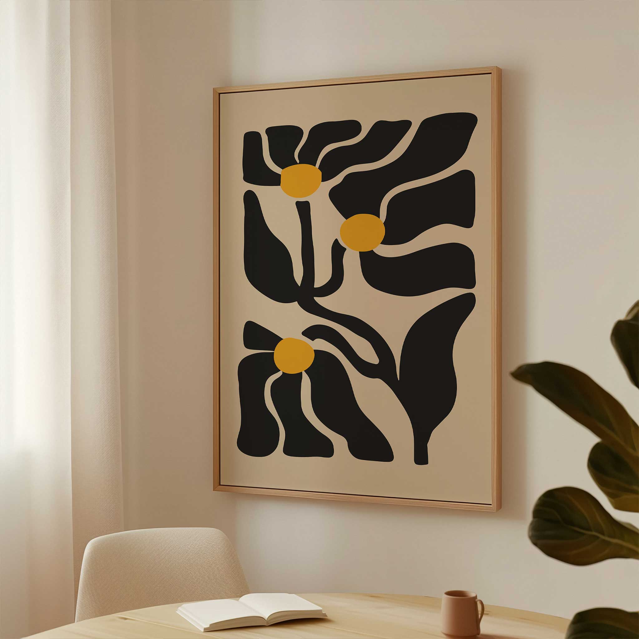 An expressive minimalist print of three abstract golden floral blossoms on flowing stems.