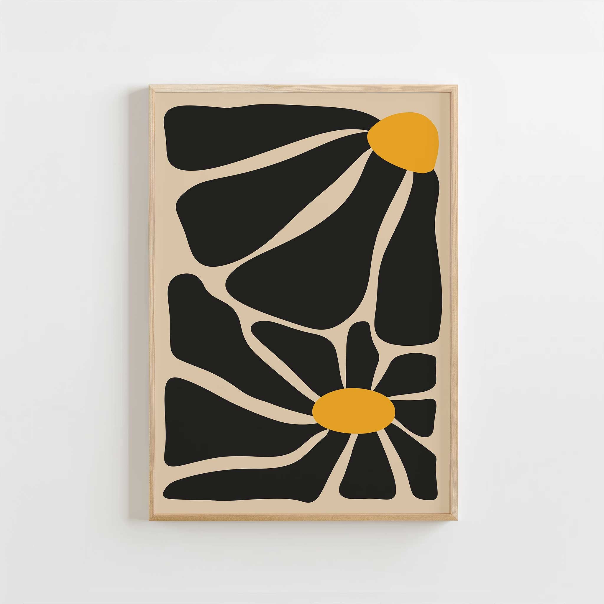 A bold, contemporary abstract print of two flowers with oversized black petals and vivid golden centers.