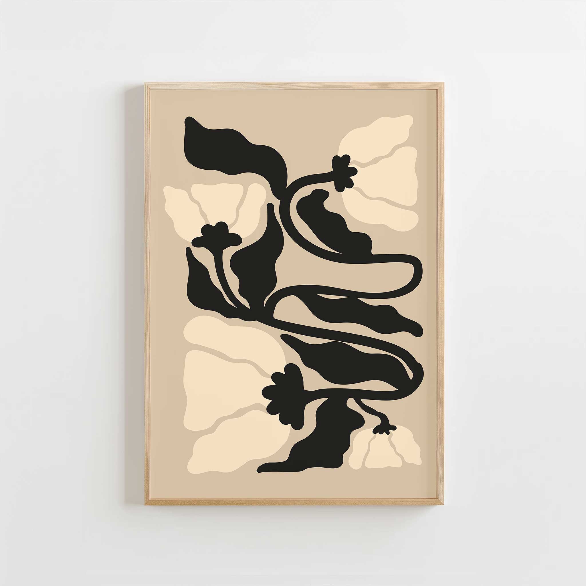 A graceful botanical print with winding stems and soft petals in muted, neutral tones.