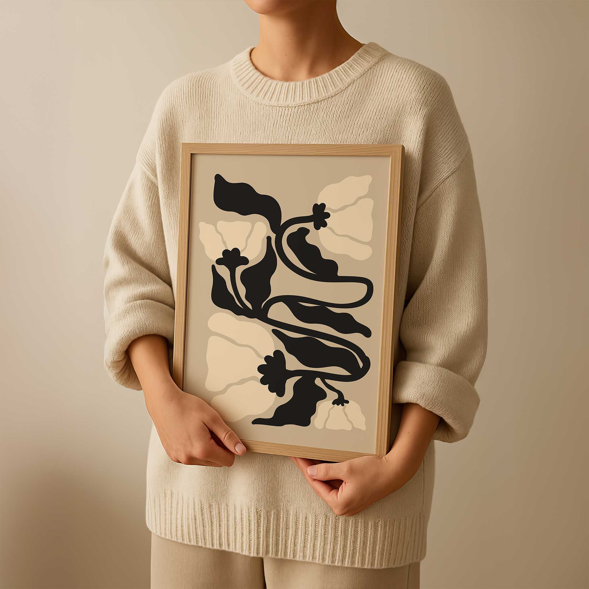 A graceful botanical print with winding stems and soft petals in muted, neutral tones.