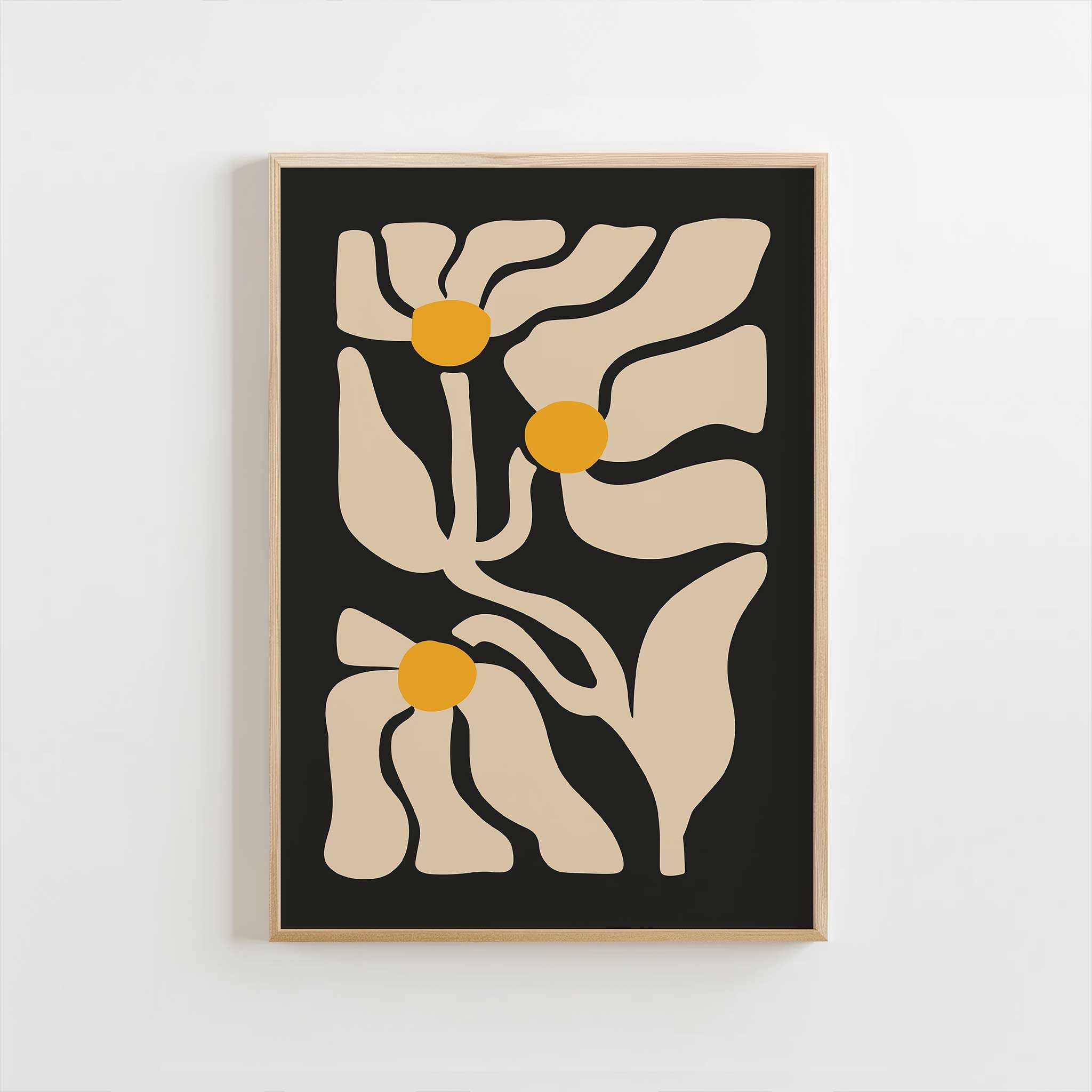 Three abstract golden floral shapes glowing against a deep black background, a high-contrast botanical print.