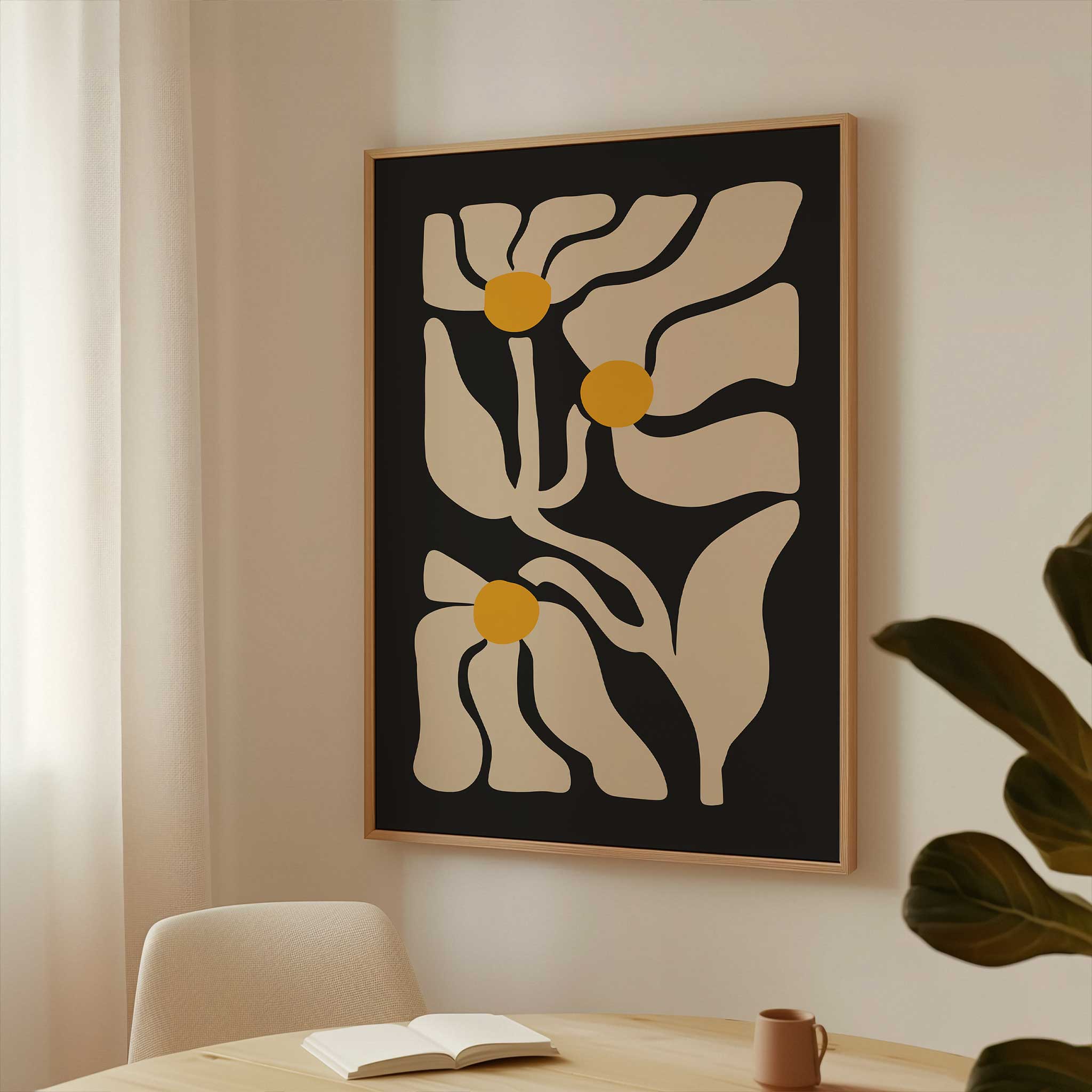 Three abstract golden floral shapes glowing against a deep black background, a high-contrast botanical print.