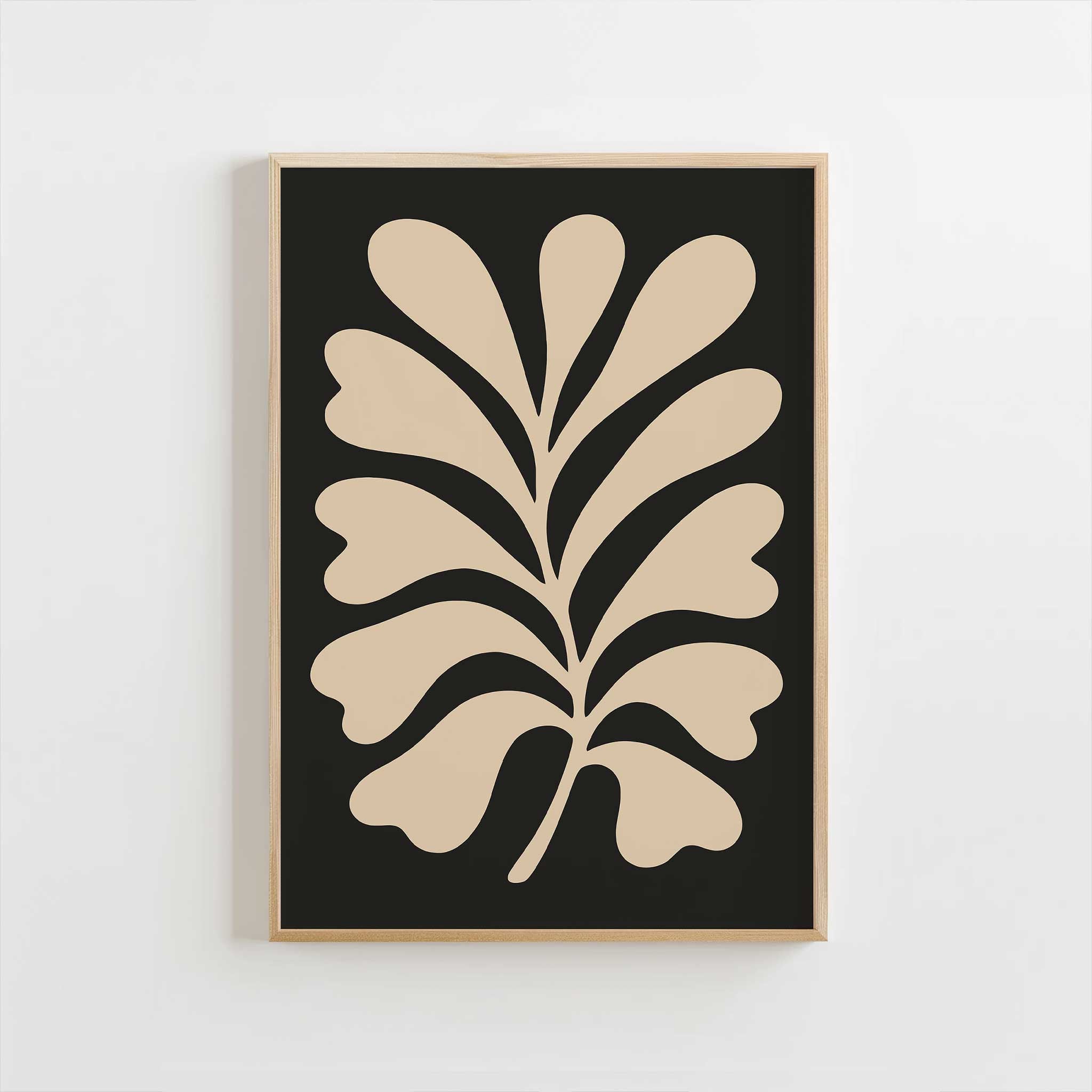 A clean, minimalist silhouette of a light-colored fern against a solid black background.