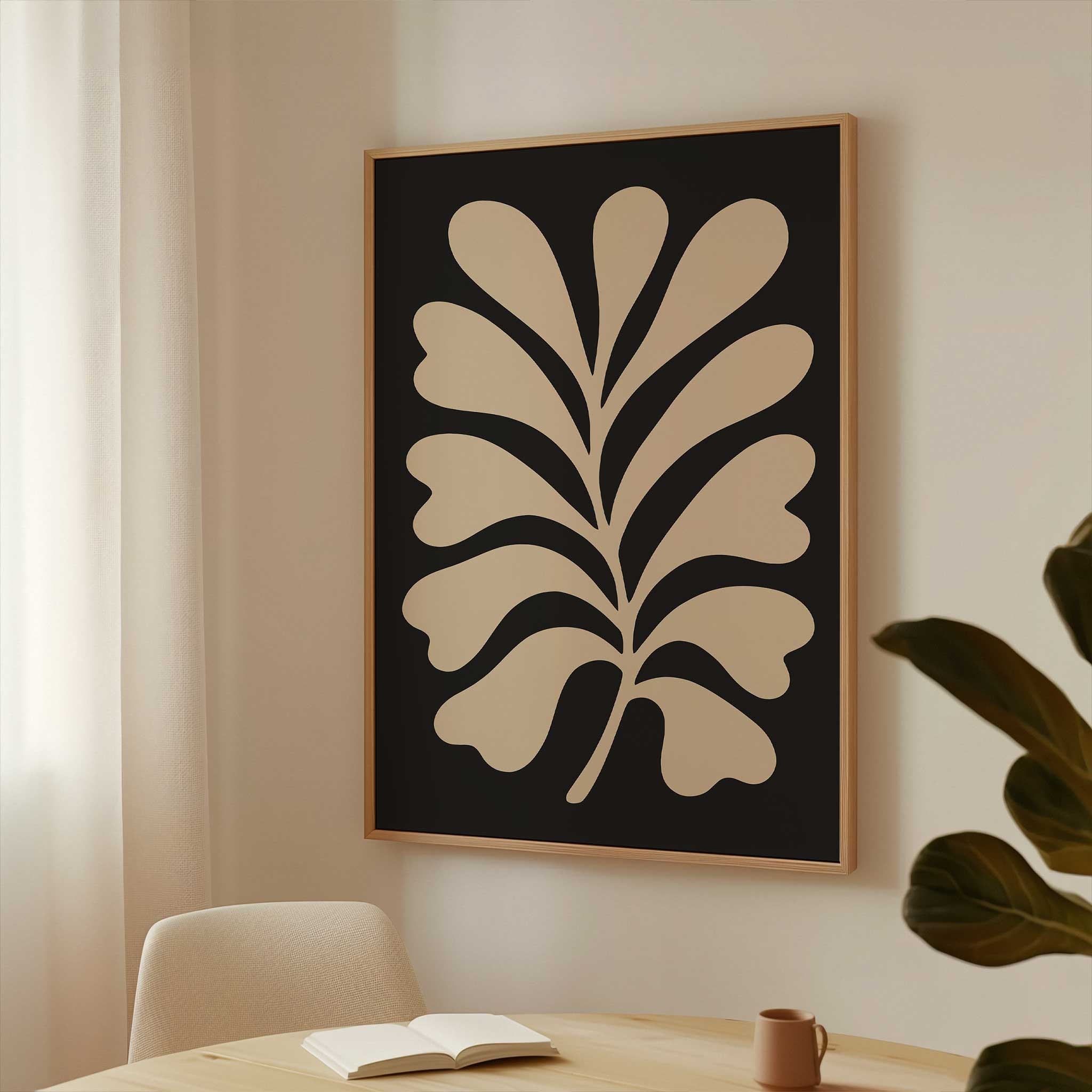 A clean, minimalist silhouette of a light-colored fern against a solid black background.