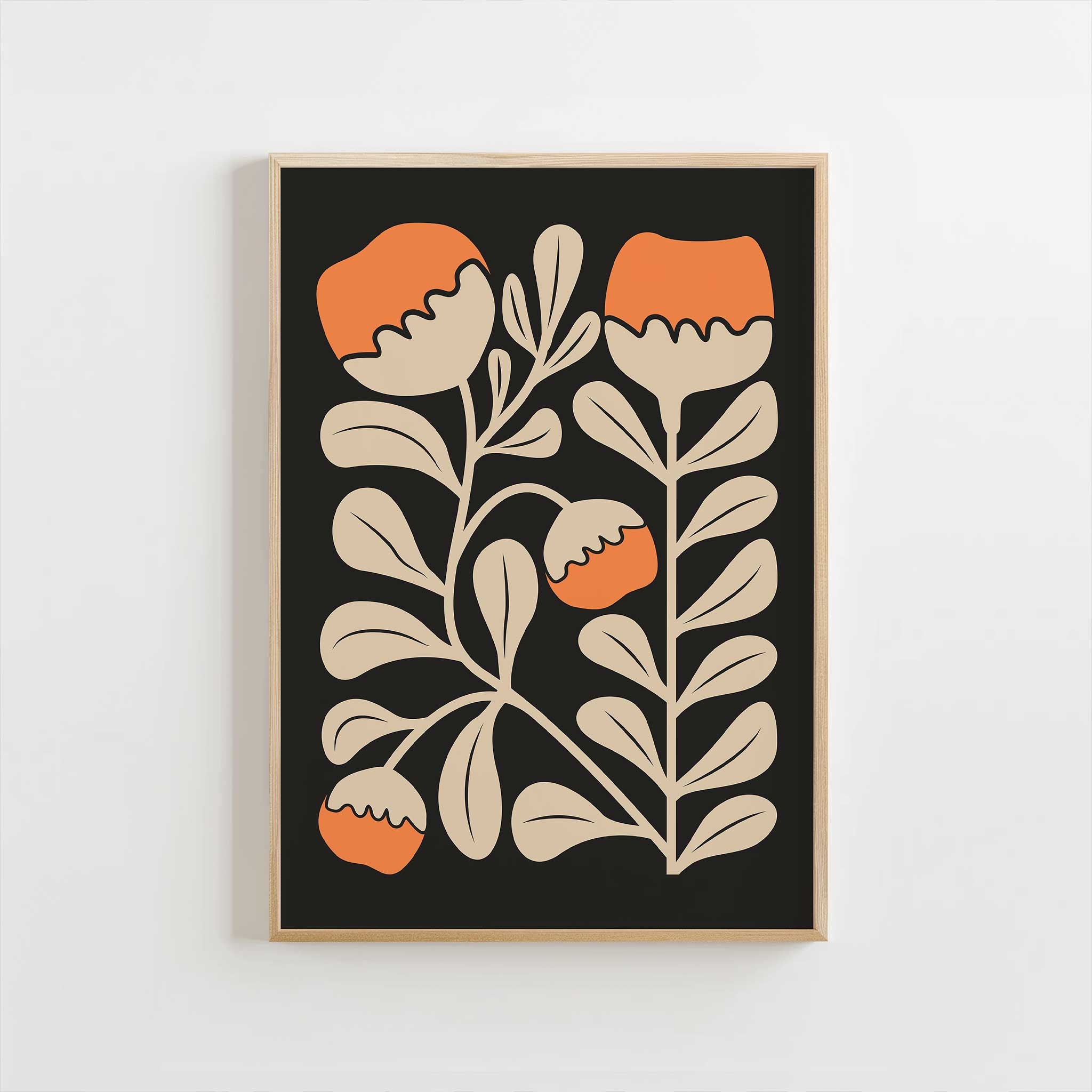 Modern floral art of bright orange poppies and beige leaves against a black backdrop, titled 'Poppy Rise'.