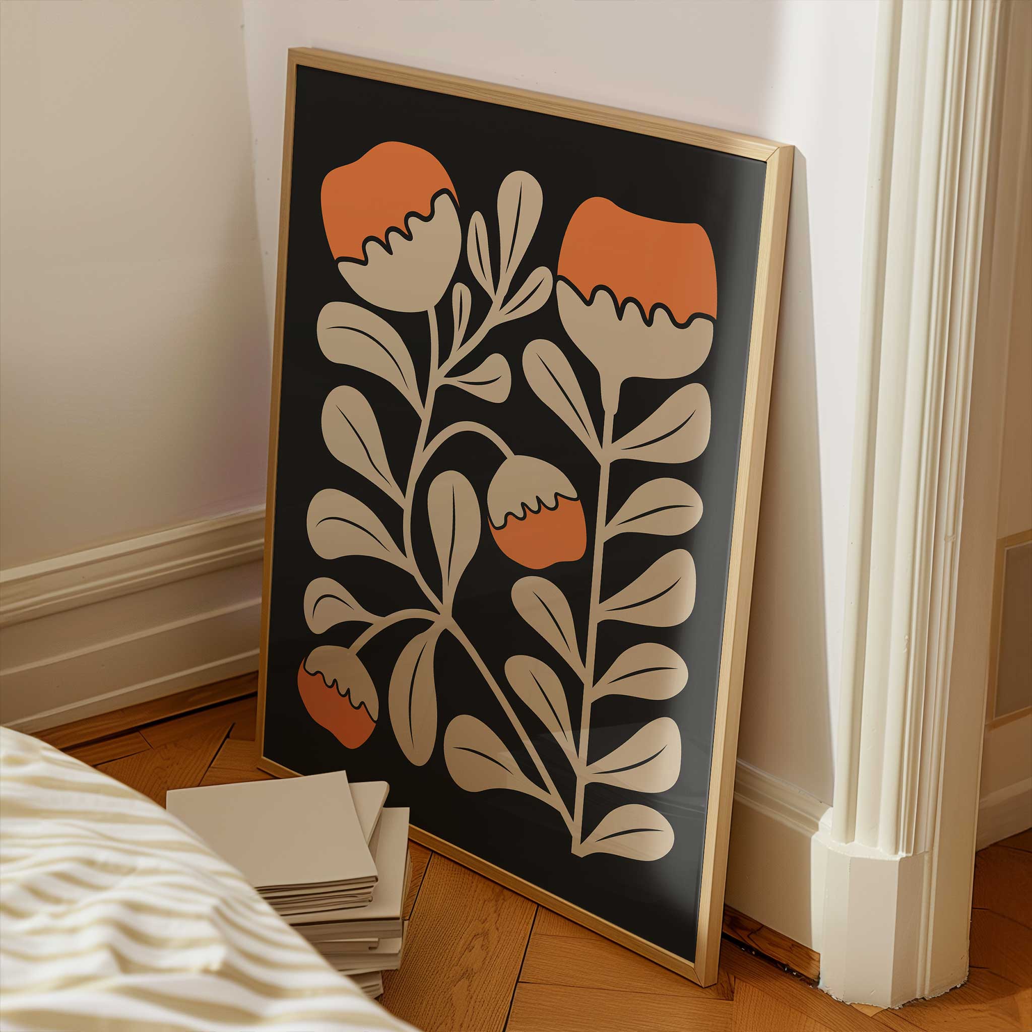 Modern floral art of bright orange poppies and beige leaves against a black backdrop, titled 'Poppy Rise'.