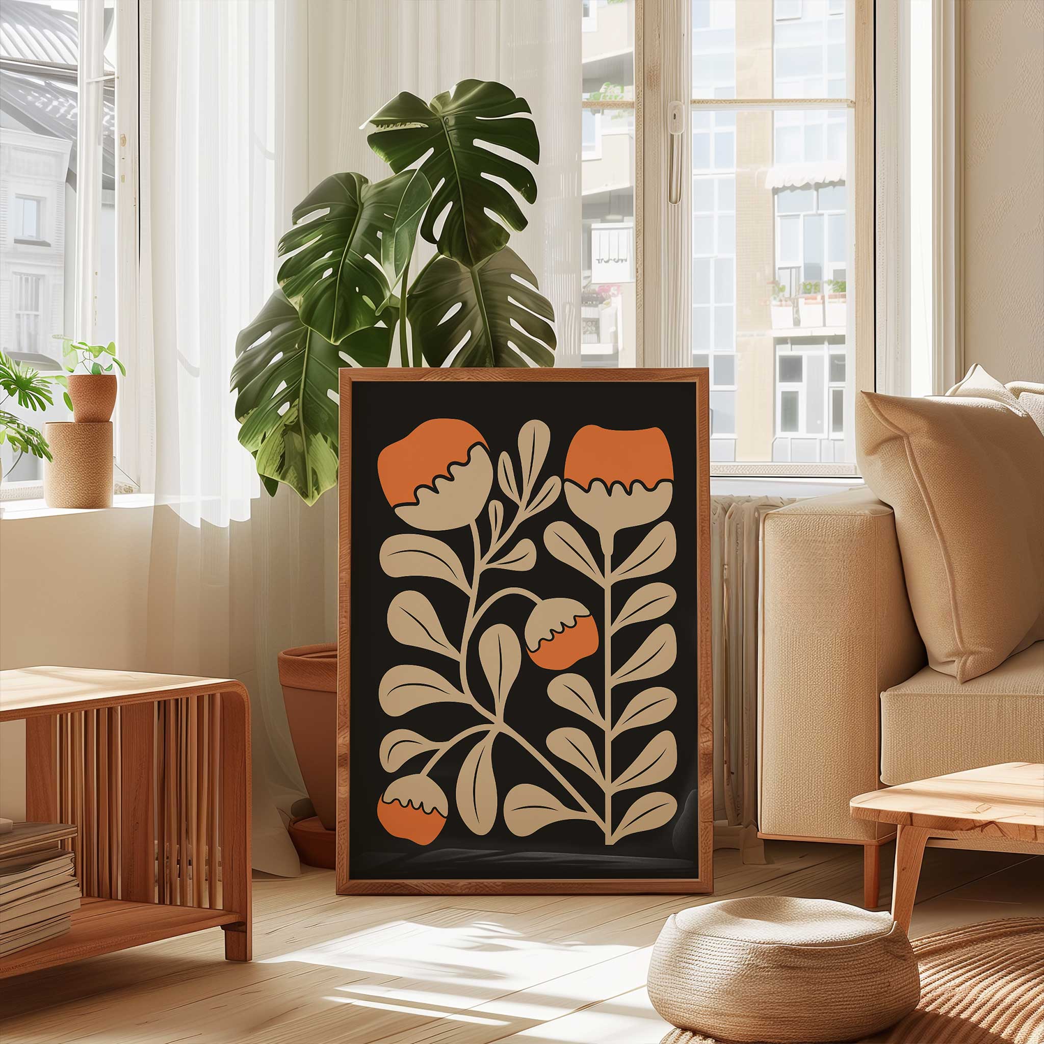 Modern floral art of bright orange poppies and beige leaves against a black backdrop, titled 'Poppy Rise'.