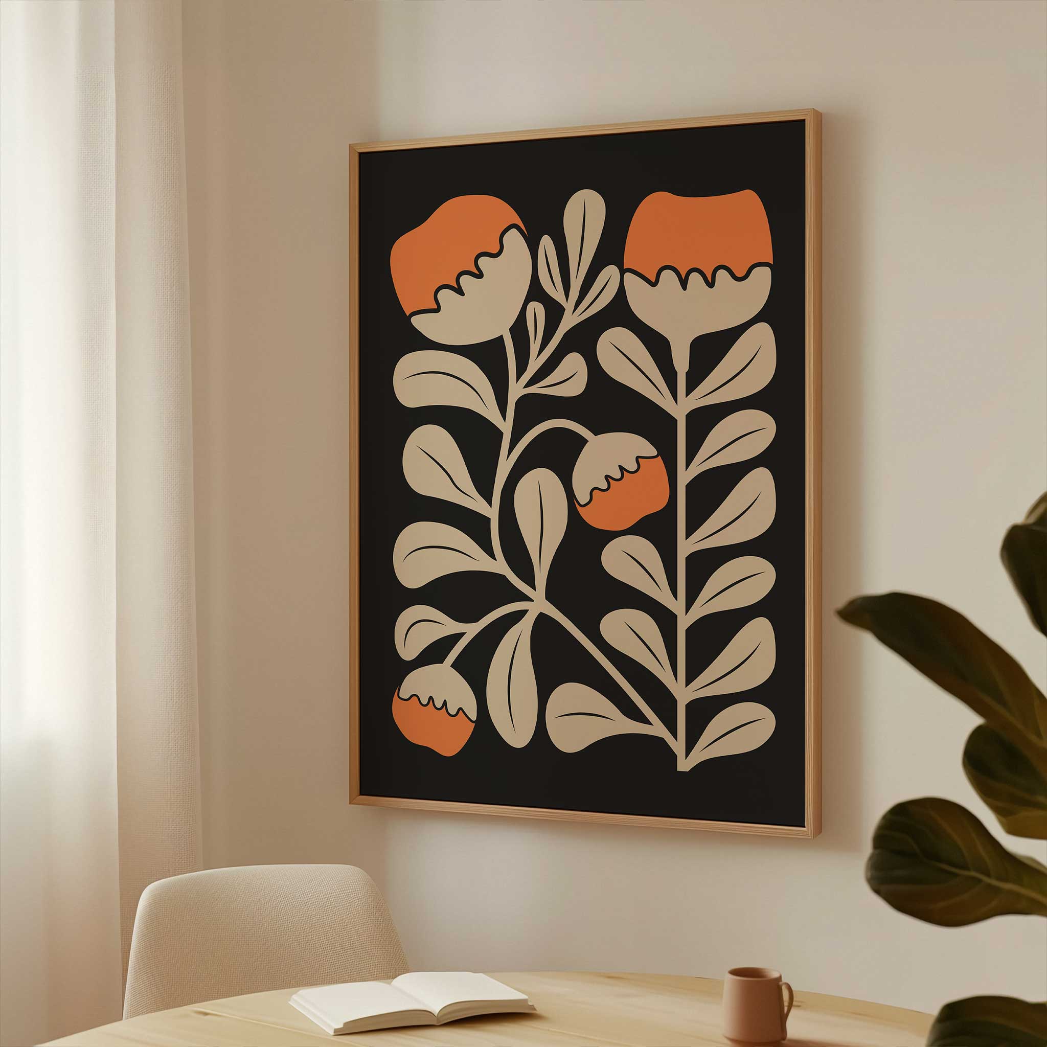 Modern floral art of bright orange poppies and beige leaves against a black backdrop, titled 'Poppy Rise'.