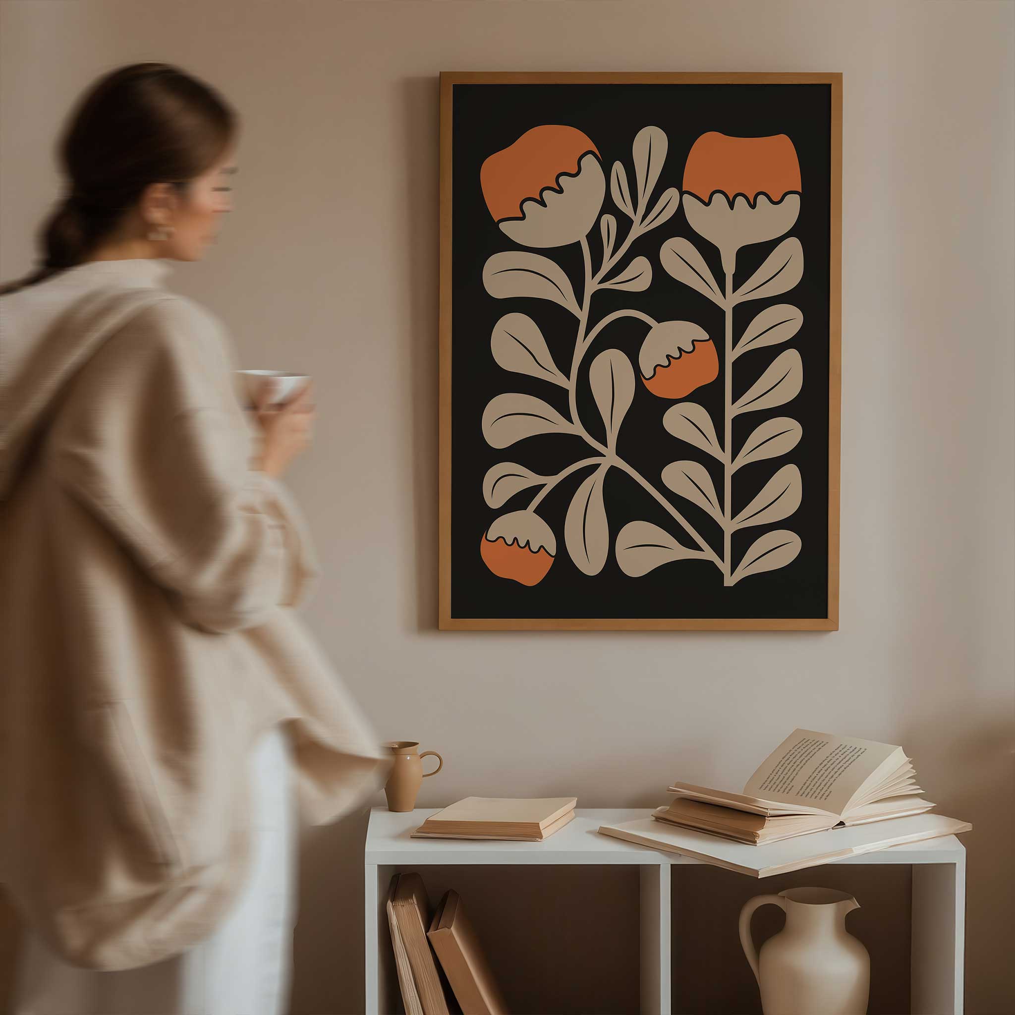 Modern floral art of bright orange poppies and beige leaves against a black backdrop, titled 'Poppy Rise'.