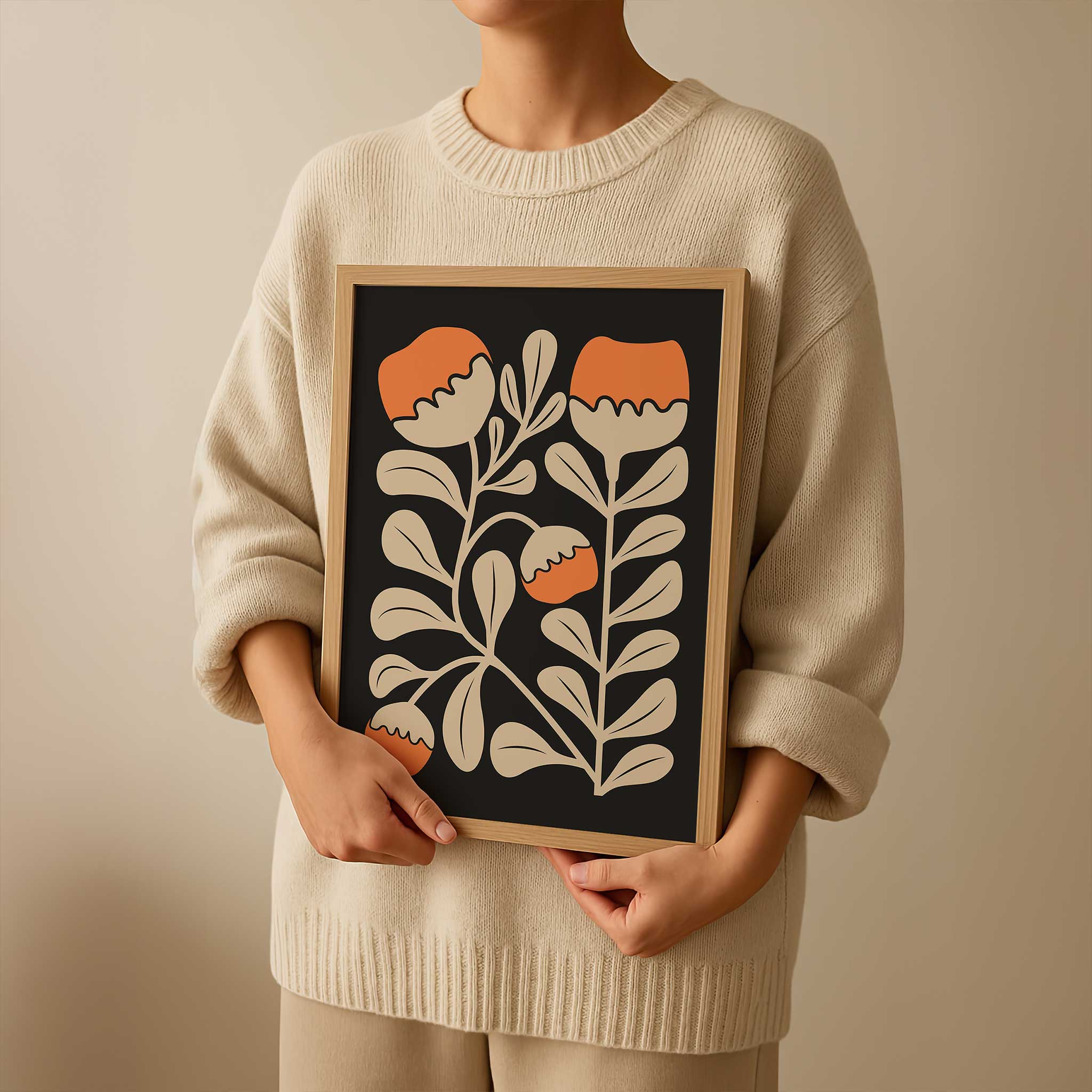 Modern floral art of bright orange poppies and beige leaves against a black backdrop, titled 'Poppy Rise'.
