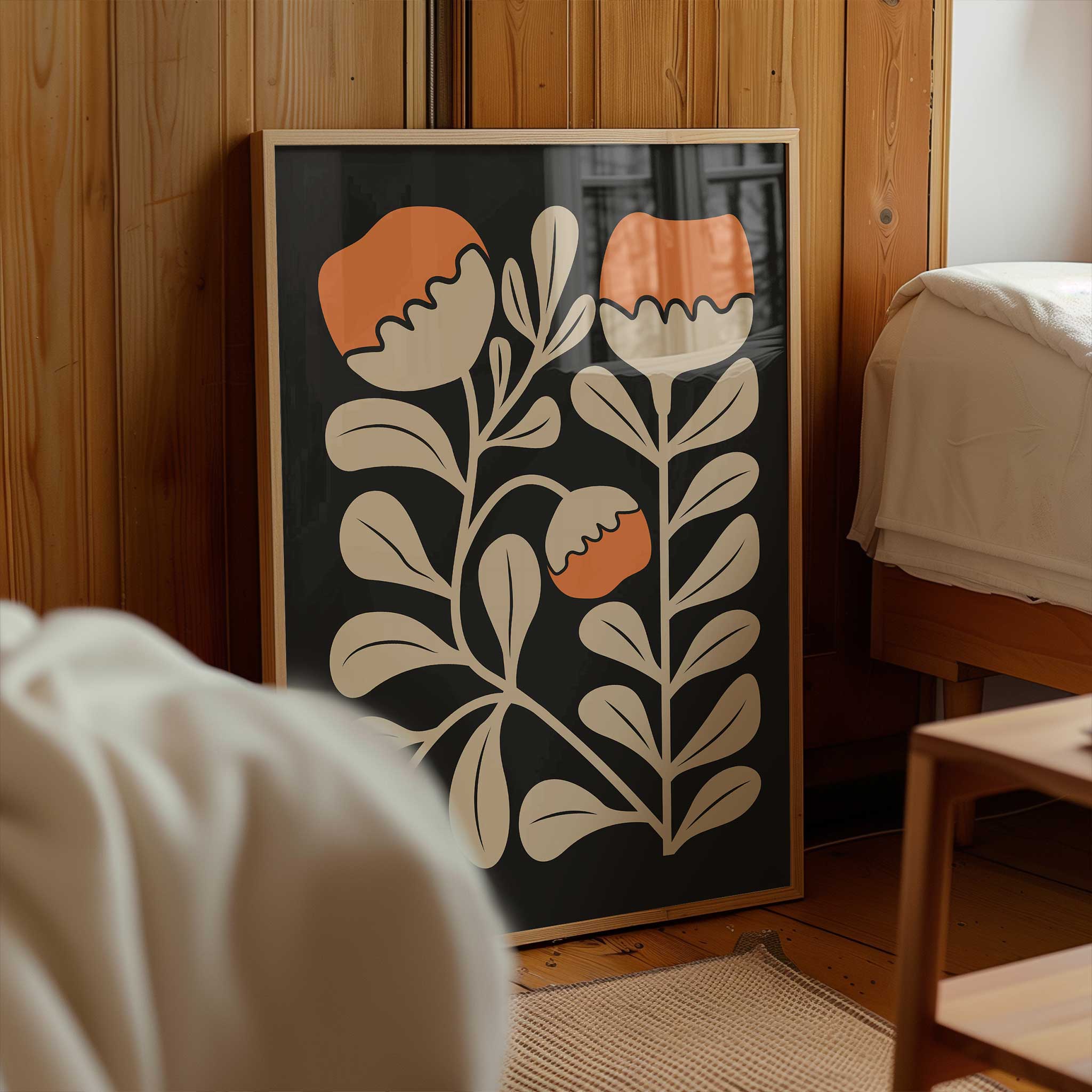 Modern floral art of bright orange poppies and beige leaves against a black backdrop, titled 'Poppy Rise'.