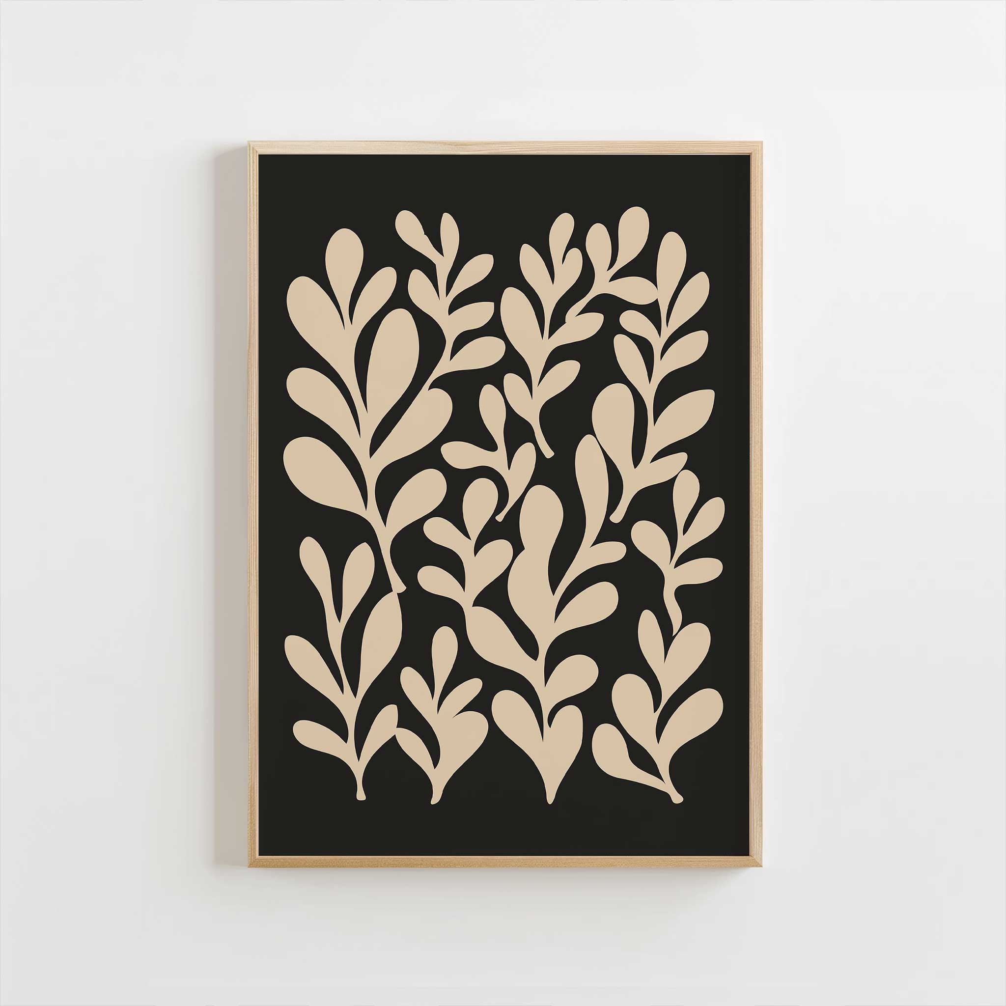 A rhythmic pattern of abstract botanical leaf silhouettes against a black background.