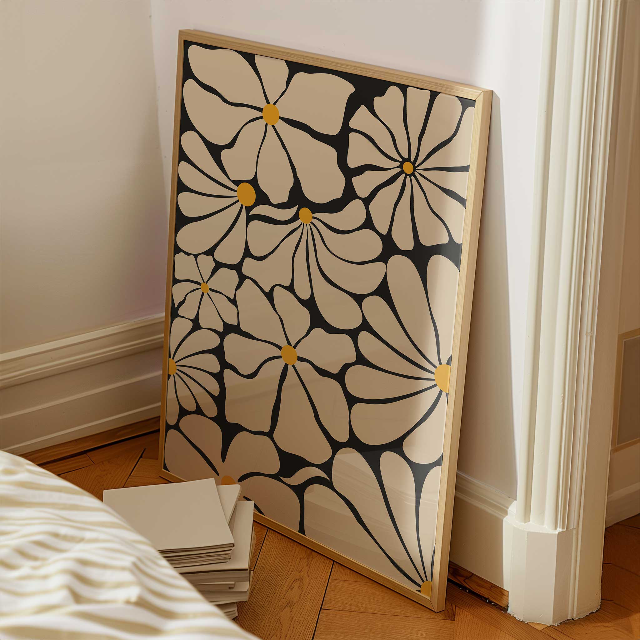 Abstract floral wall art featuring multiple daisy-like blooms with golden centers, titled 'Sunburst Blooms'.