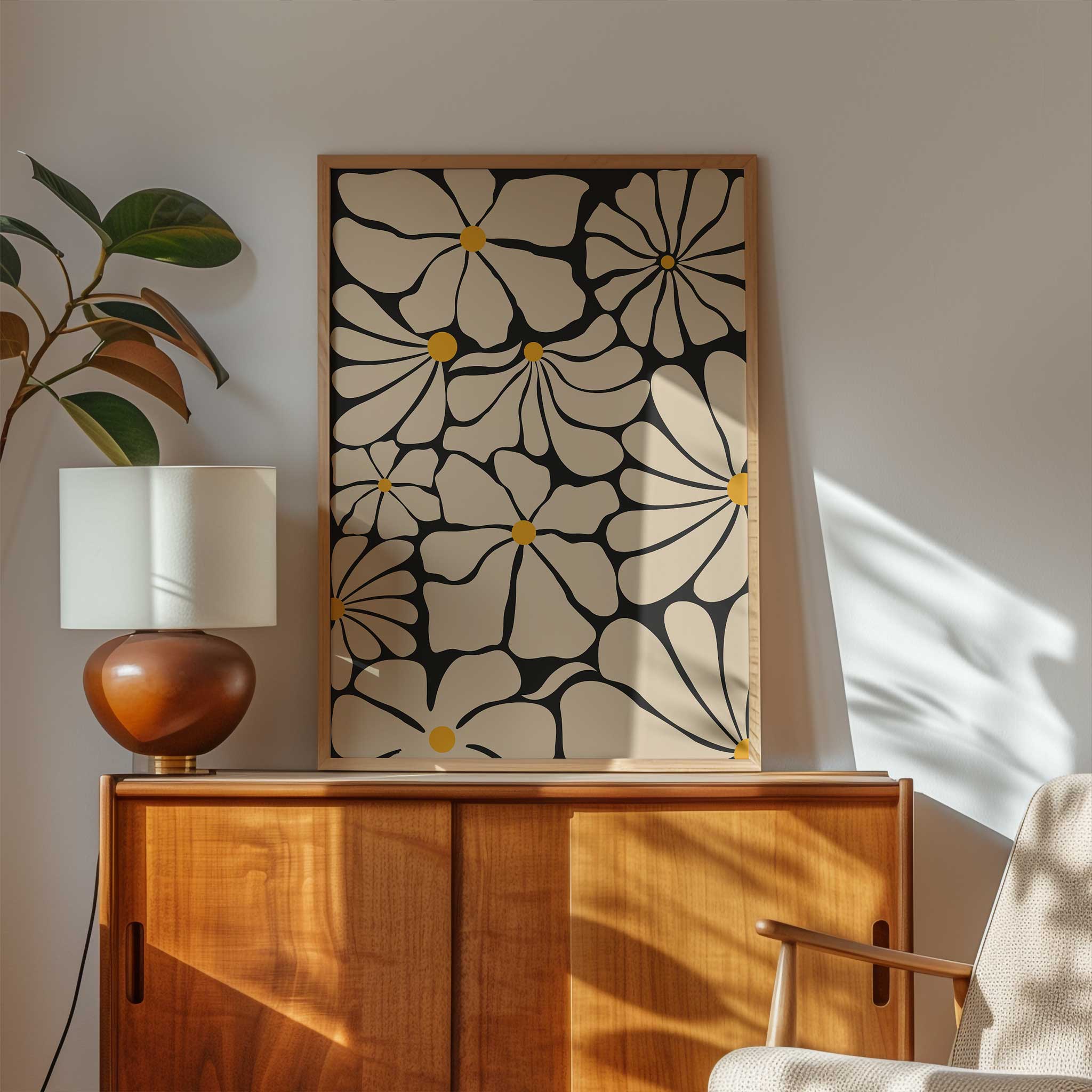 Abstract floral wall art featuring multiple daisy-like blooms with golden centers, titled 'Sunburst Blooms'.