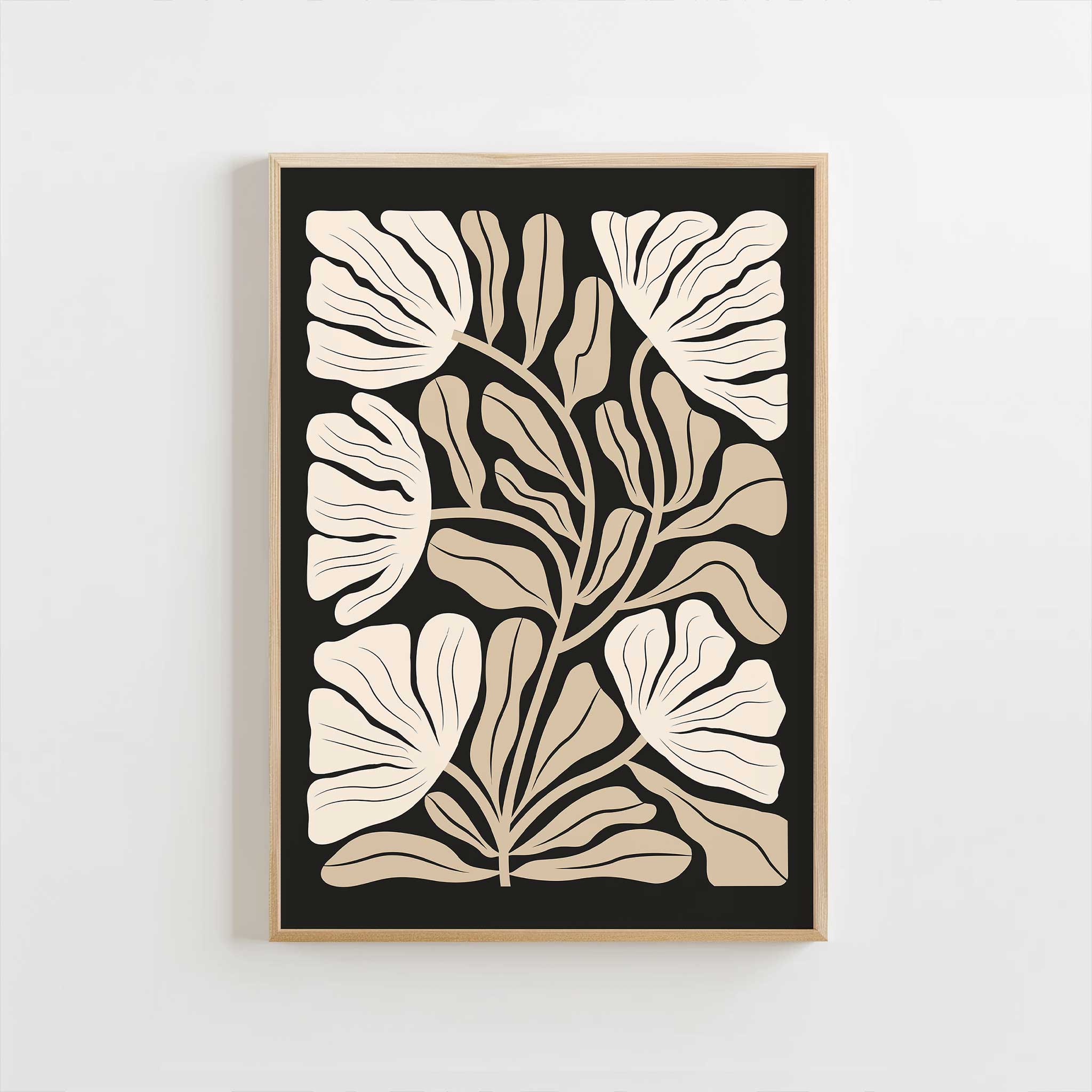 An elegant minimalist print of overlapping ginkgo leaves in warm neutral and beige tones.
