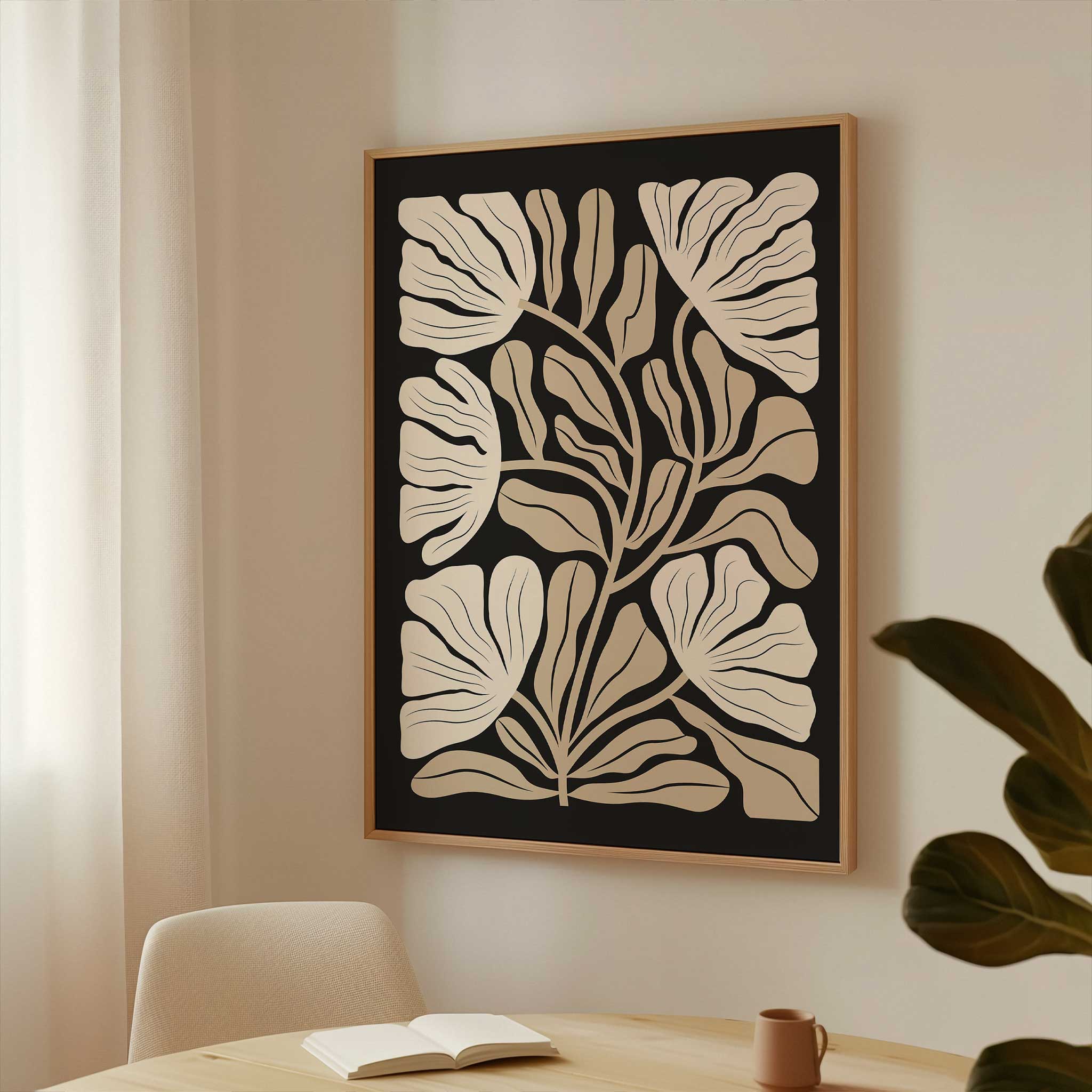 An elegant minimalist print of overlapping ginkgo leaves in warm neutral and beige tones.