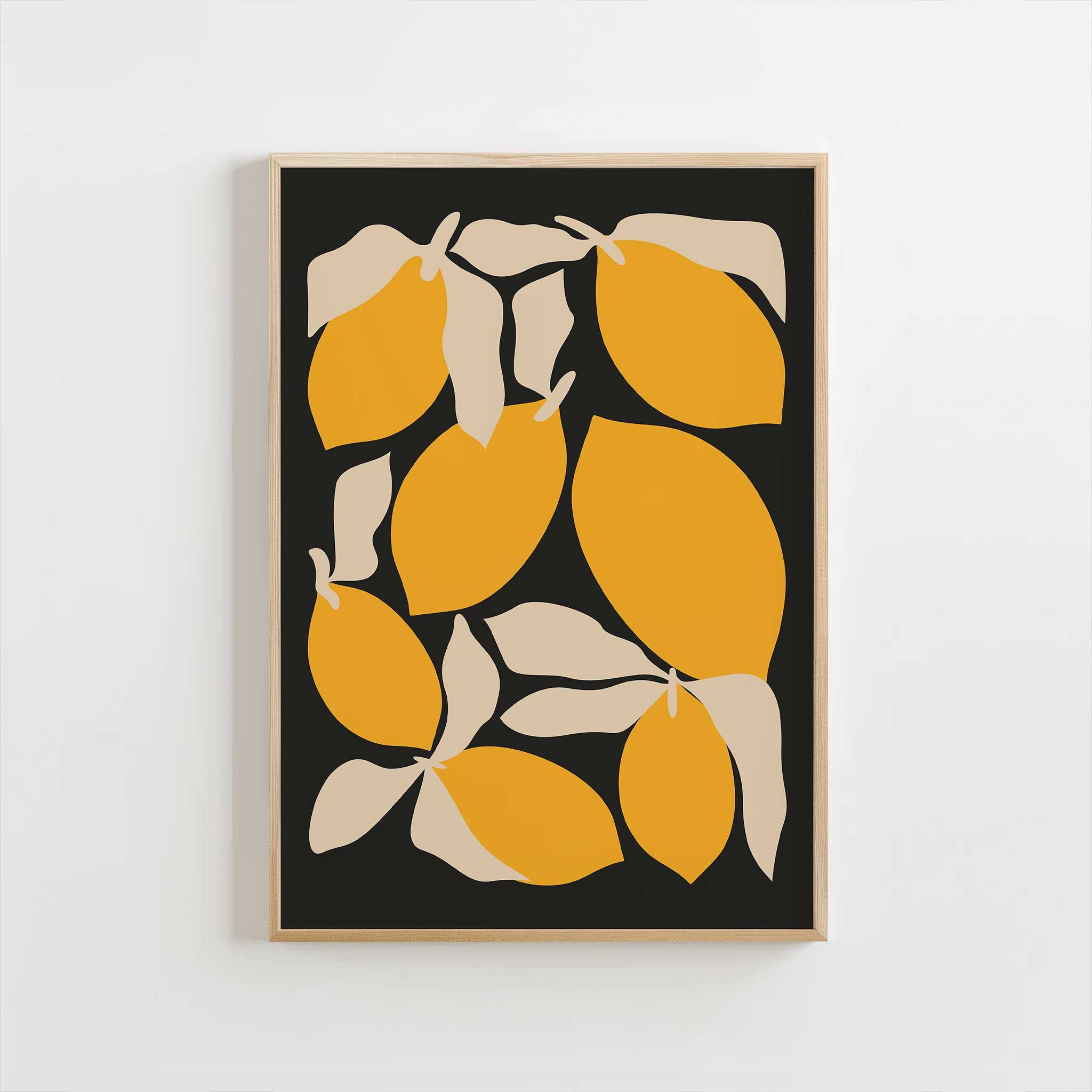 A playful and modern pattern of bold lemons and leaves, cheerful wall decor for a kitchen.