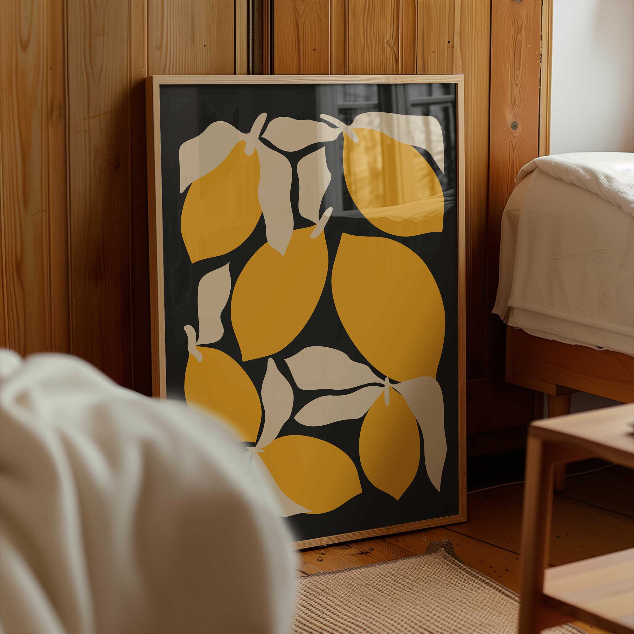 A playful and modern pattern of bold lemons and leaves, cheerful wall decor for a kitchen.