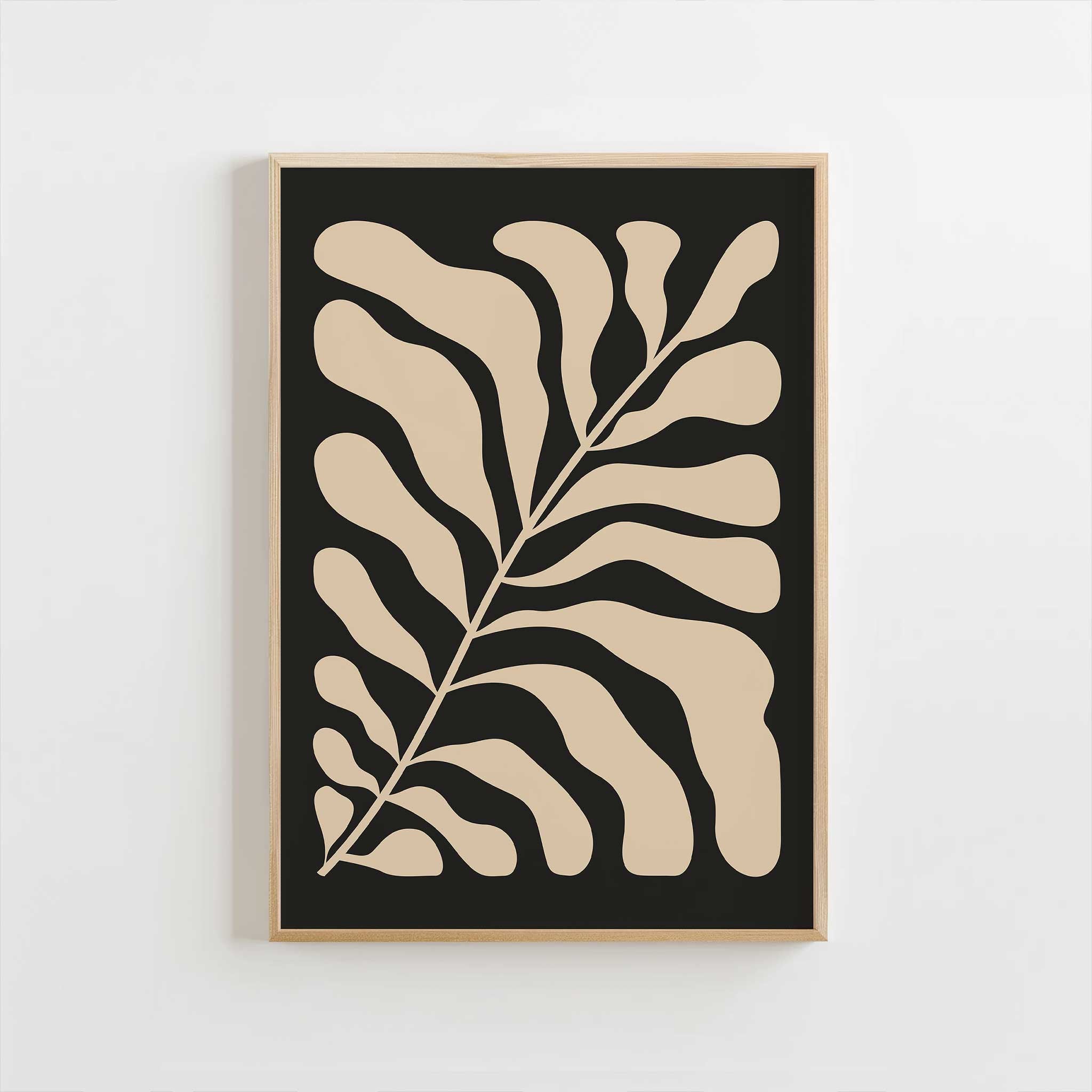 A minimalist print of flowing beige botanical leaves against a solid black background.