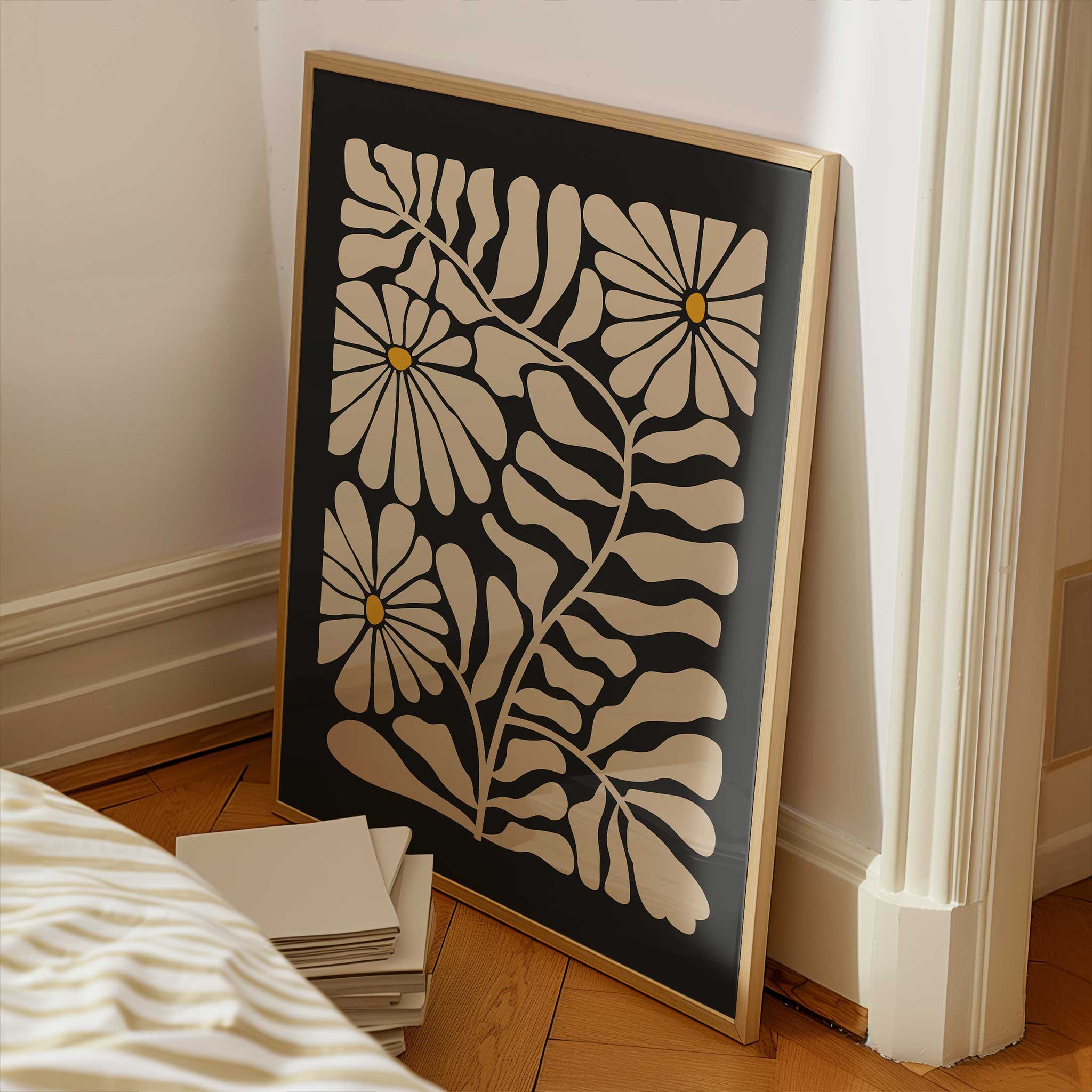 A retro-style floral print with playful daisy blooms in beige and yellow, minimalist wall art.