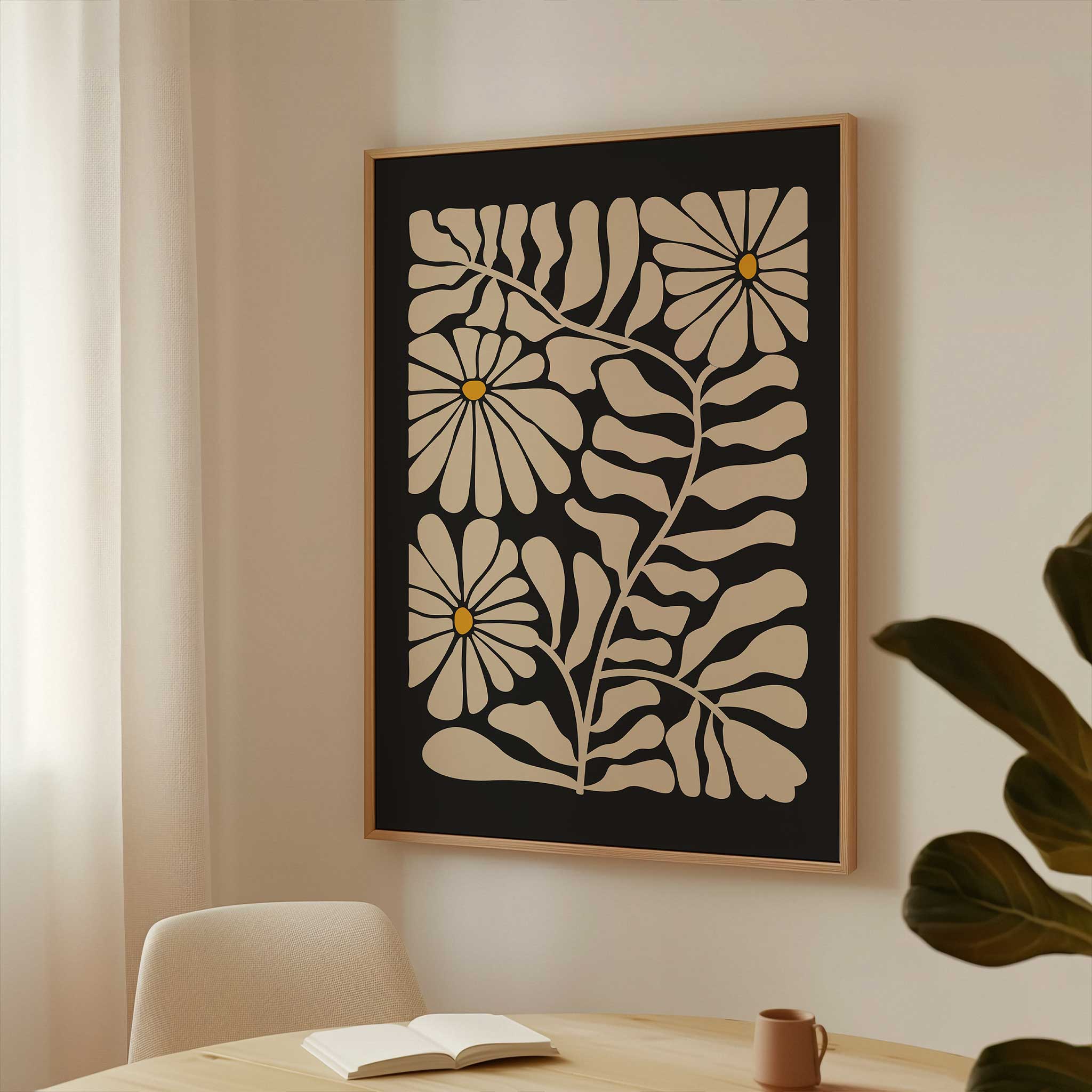A retro-style floral print with playful daisy blooms in beige and yellow, minimalist wall art.