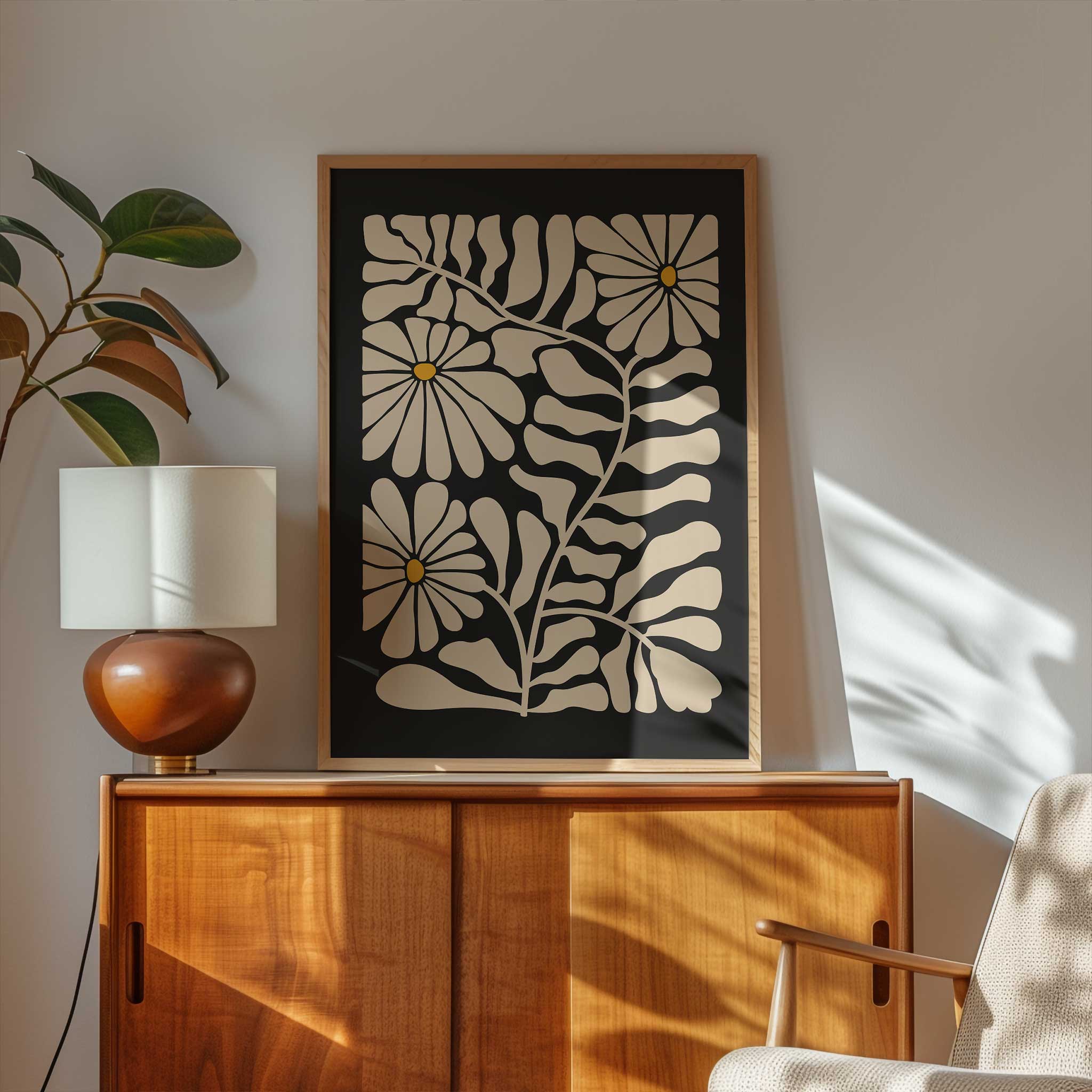A retro-style floral print with playful daisy blooms in beige and yellow, minimalist wall art.