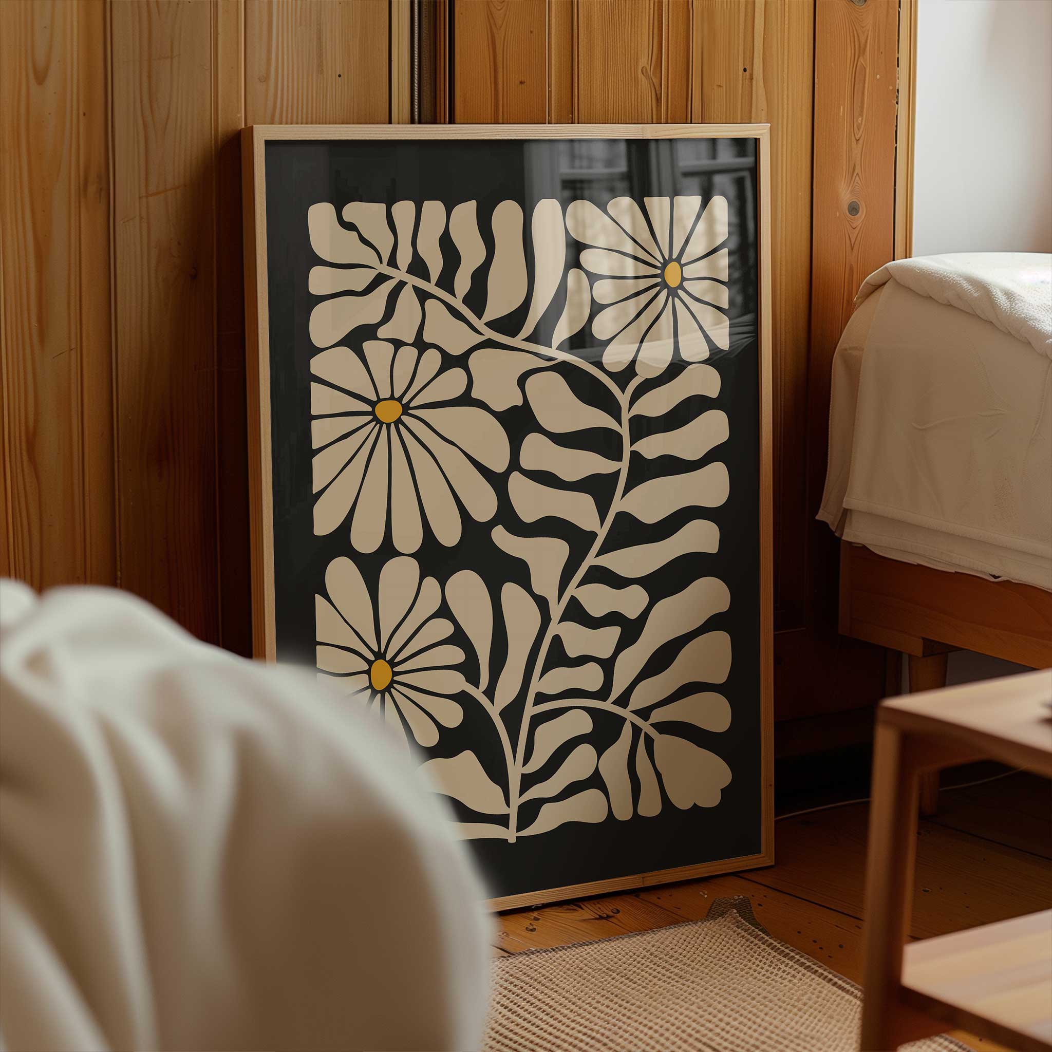 A retro-style floral print with playful daisy blooms in beige and yellow, minimalist wall art.