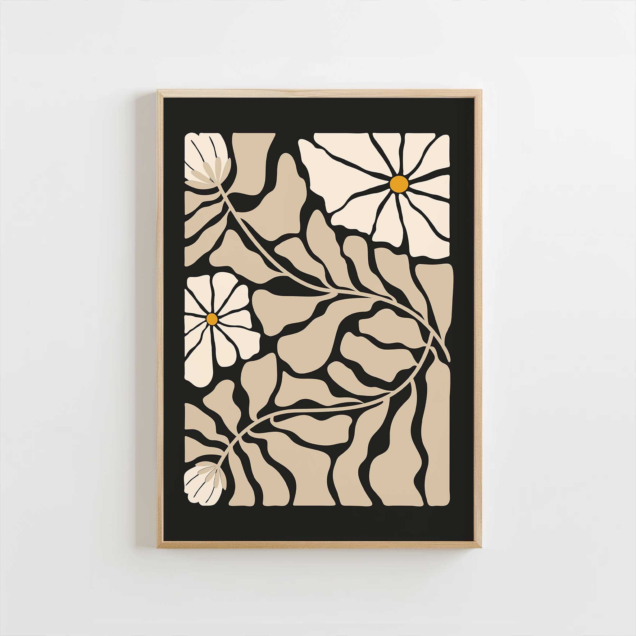 Modern minimalist line art of wildflowers and leaves in soft cream and beige tones.