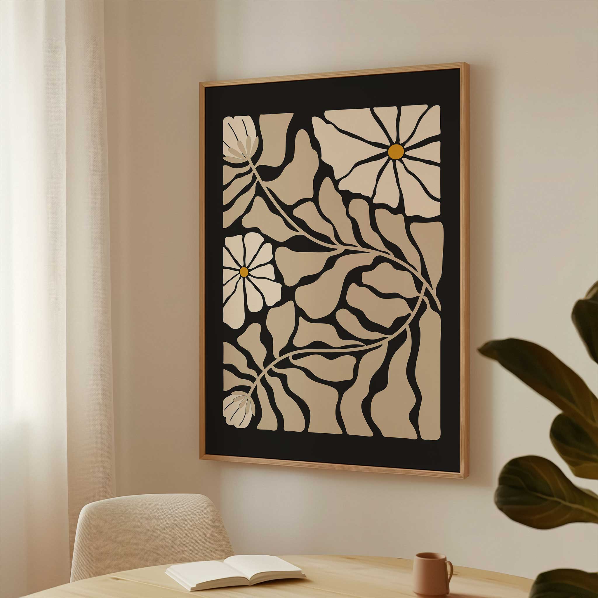 Modern minimalist line art of wildflowers and leaves in soft cream and beige tones.