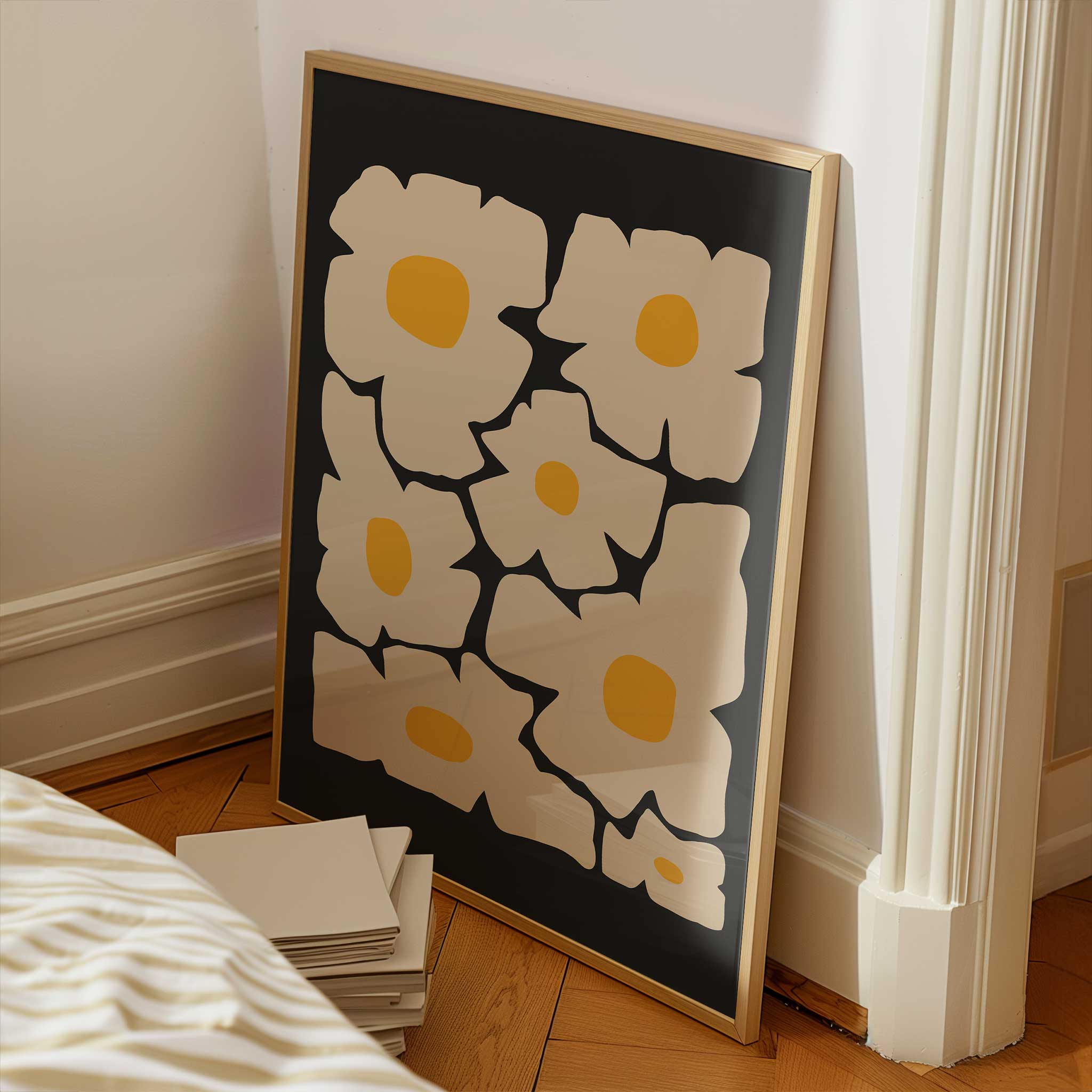 A whimsical and bold art print of a cream-colored daisy with a golden yellow center, retro-modern style.