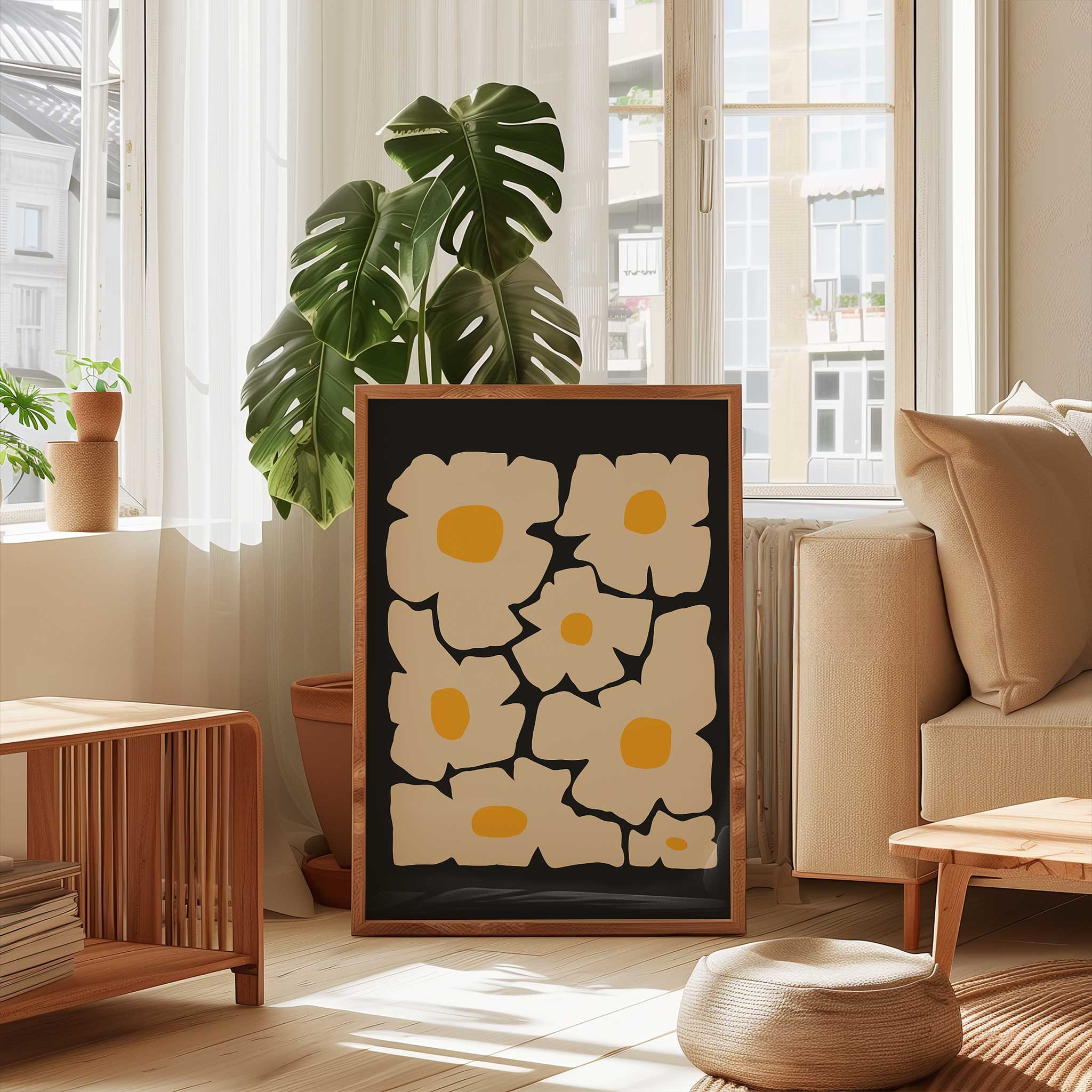 A whimsical and bold art print of a cream-colored daisy with a golden yellow center, retro-modern style.