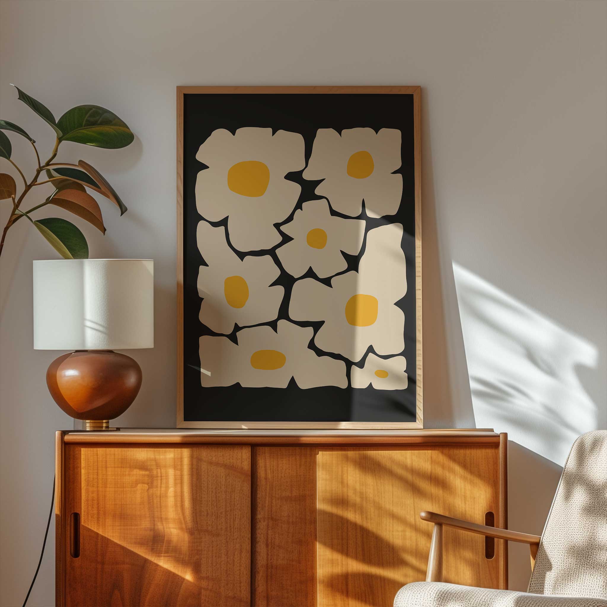 A whimsical and bold art print of a cream-colored daisy with a golden yellow center, retro-modern style.